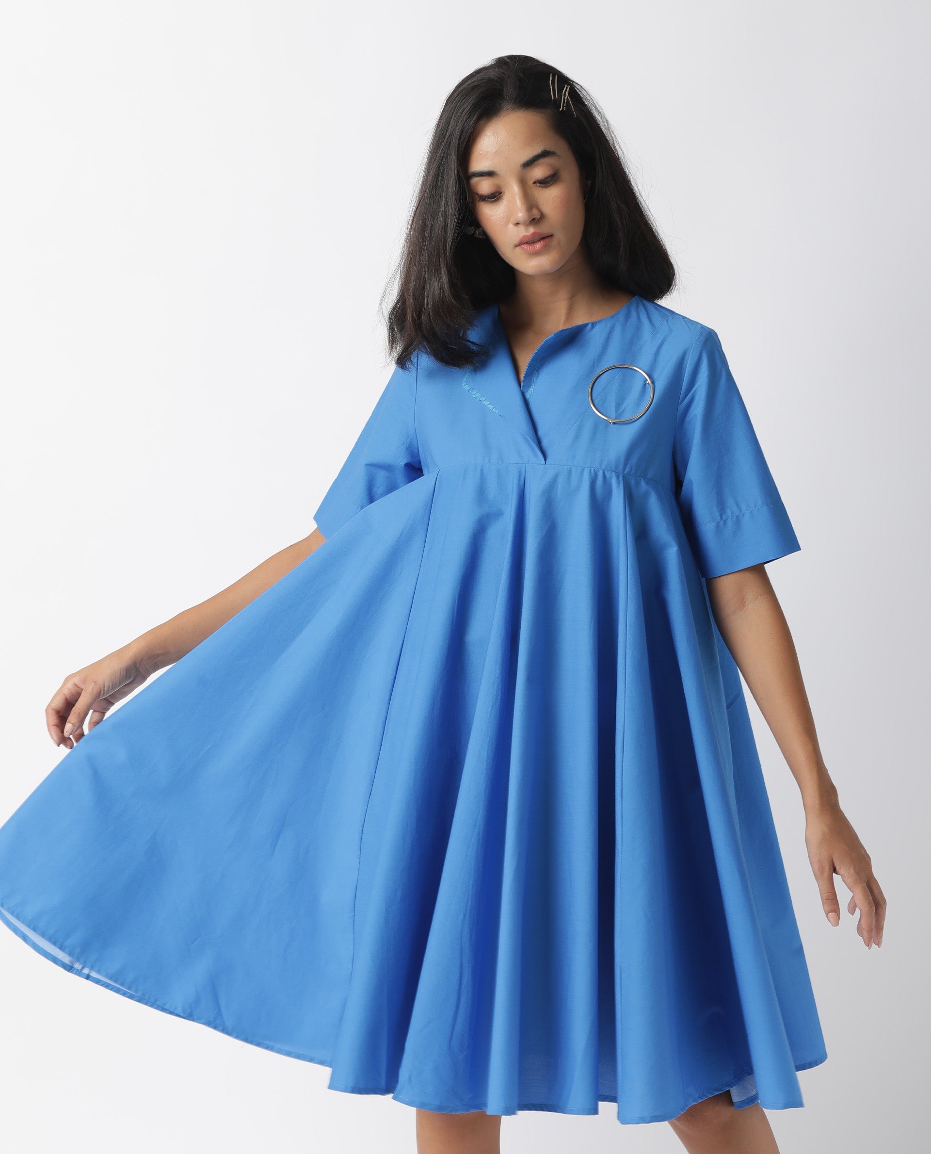 Rareism Women Array Dark Blue Overlap Lapel Collar Short Sleeves Flared Knee Length Dress