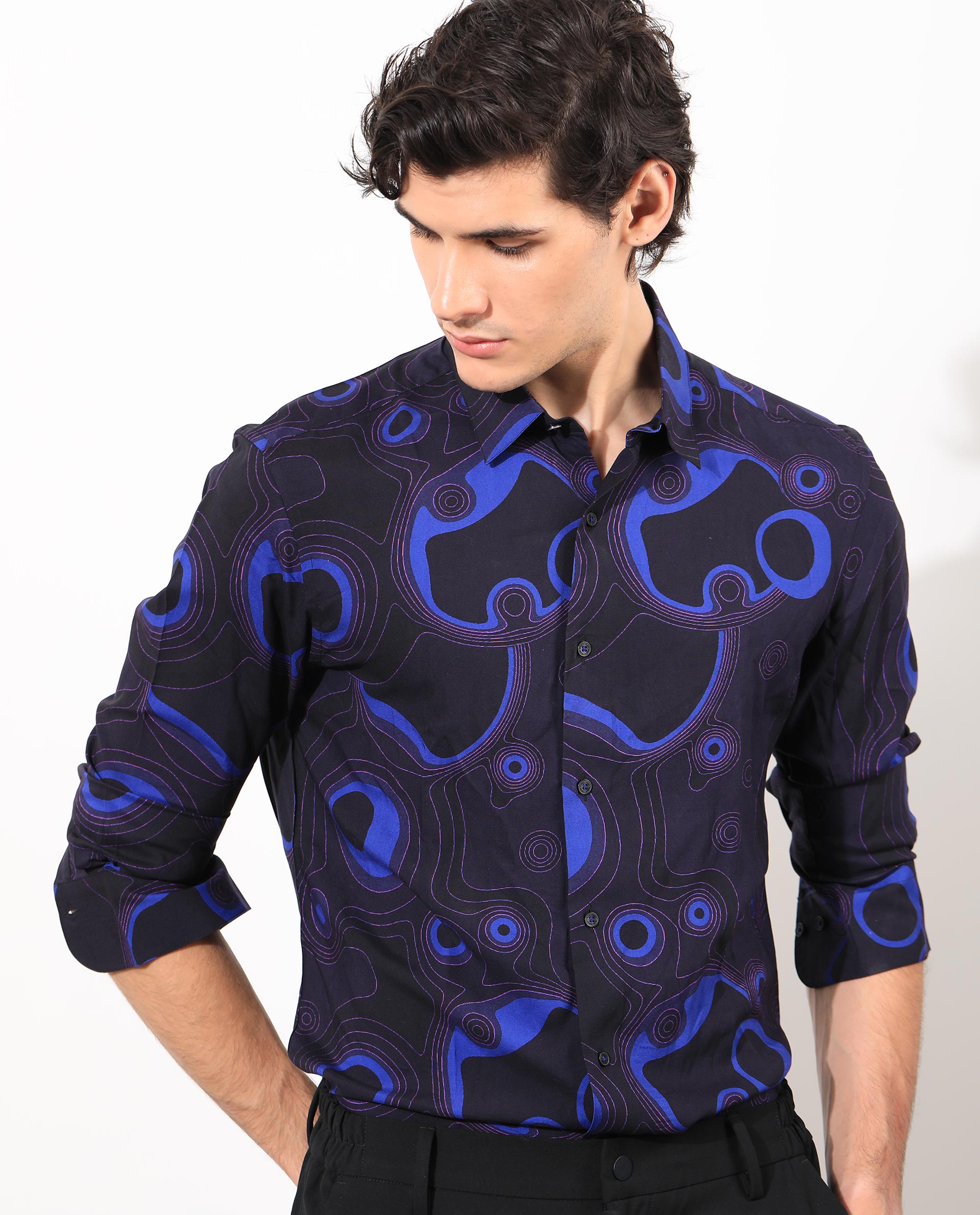 Rare Rabbit Men's Inlet Navy Viscose Fabric Abstract Print Full Sleeves Shirt