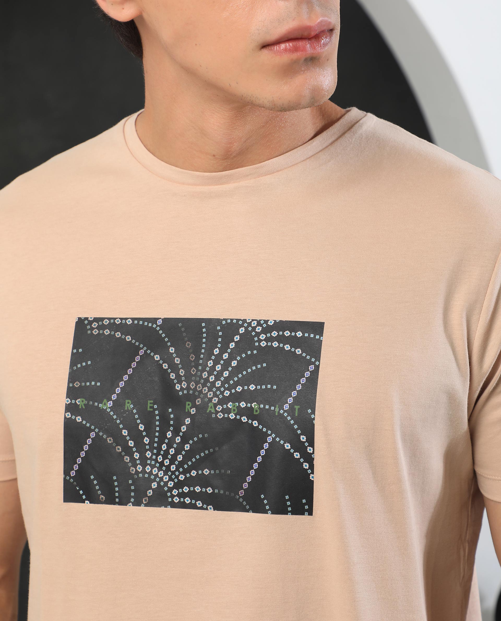 Rare Rabbit Men's Glams Beige Crew Neck Abstract Graphic Logo Printed T-Shirt