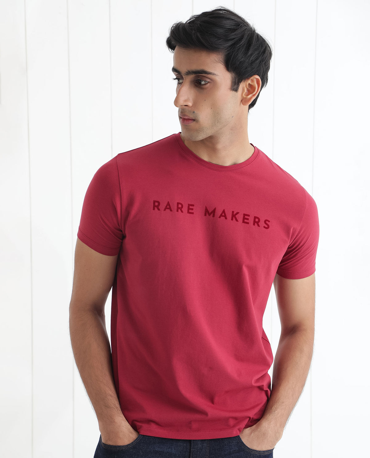 Rare Rabbit Men's Burke Dark Red Crew Neck Half Sleeves Velvet Branding Regular Fit T-Shirt
