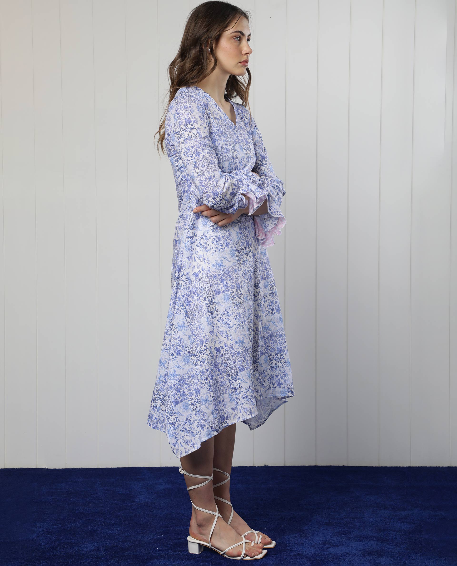 Rareism Women Cherish Blue Cotton Fabric 3/4Th Sleeves V-Neck Regular Fit Floral Print Knee Length Asymmetric Dress