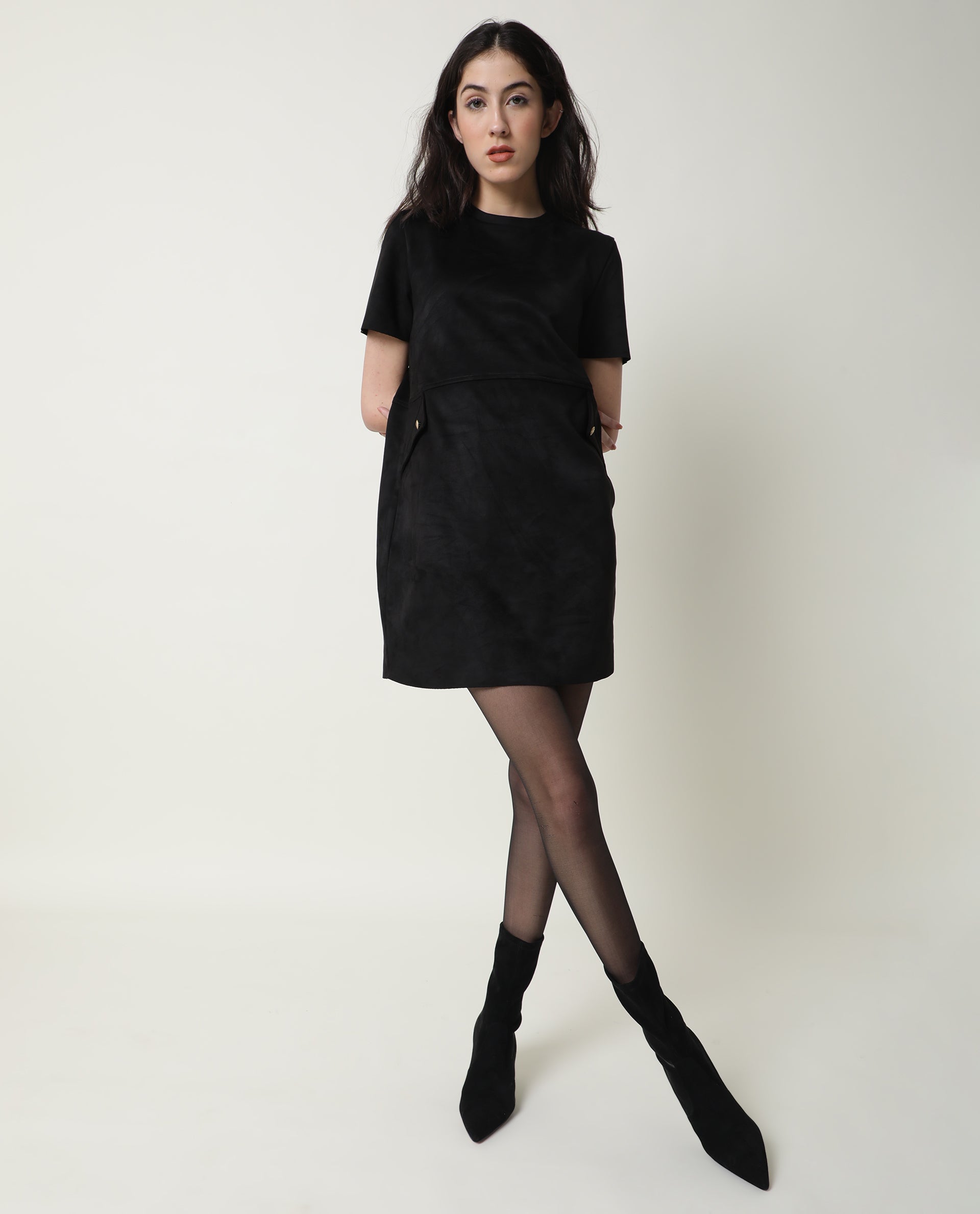 Rareism Women Sions Black Round Neck Short Sleeves Mini Dress