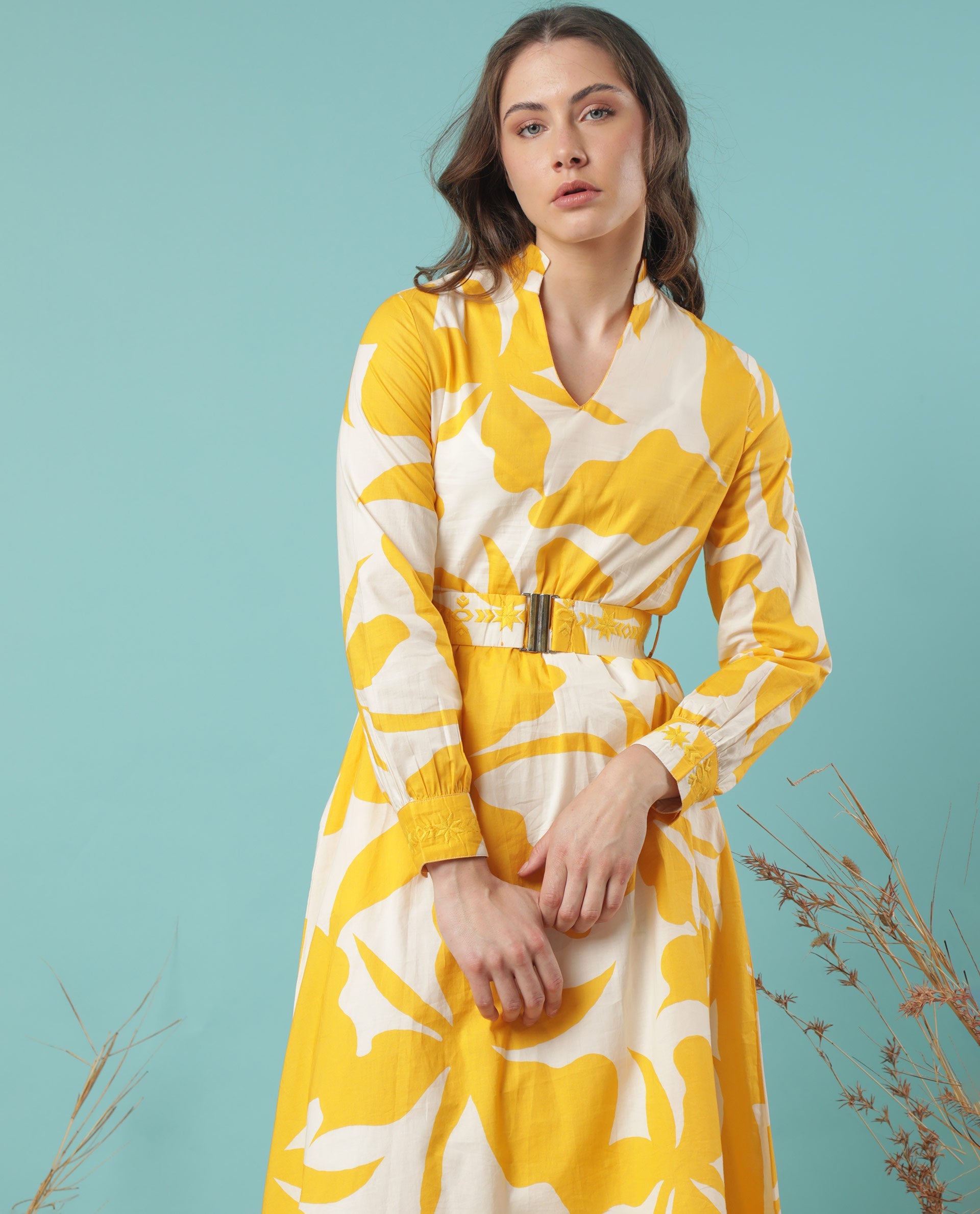 Rareism Women Eliott White Floral Print Mandarin Collar V Neck Full Sleeves With Cuff And Fabric Waist Belt Midi Dress