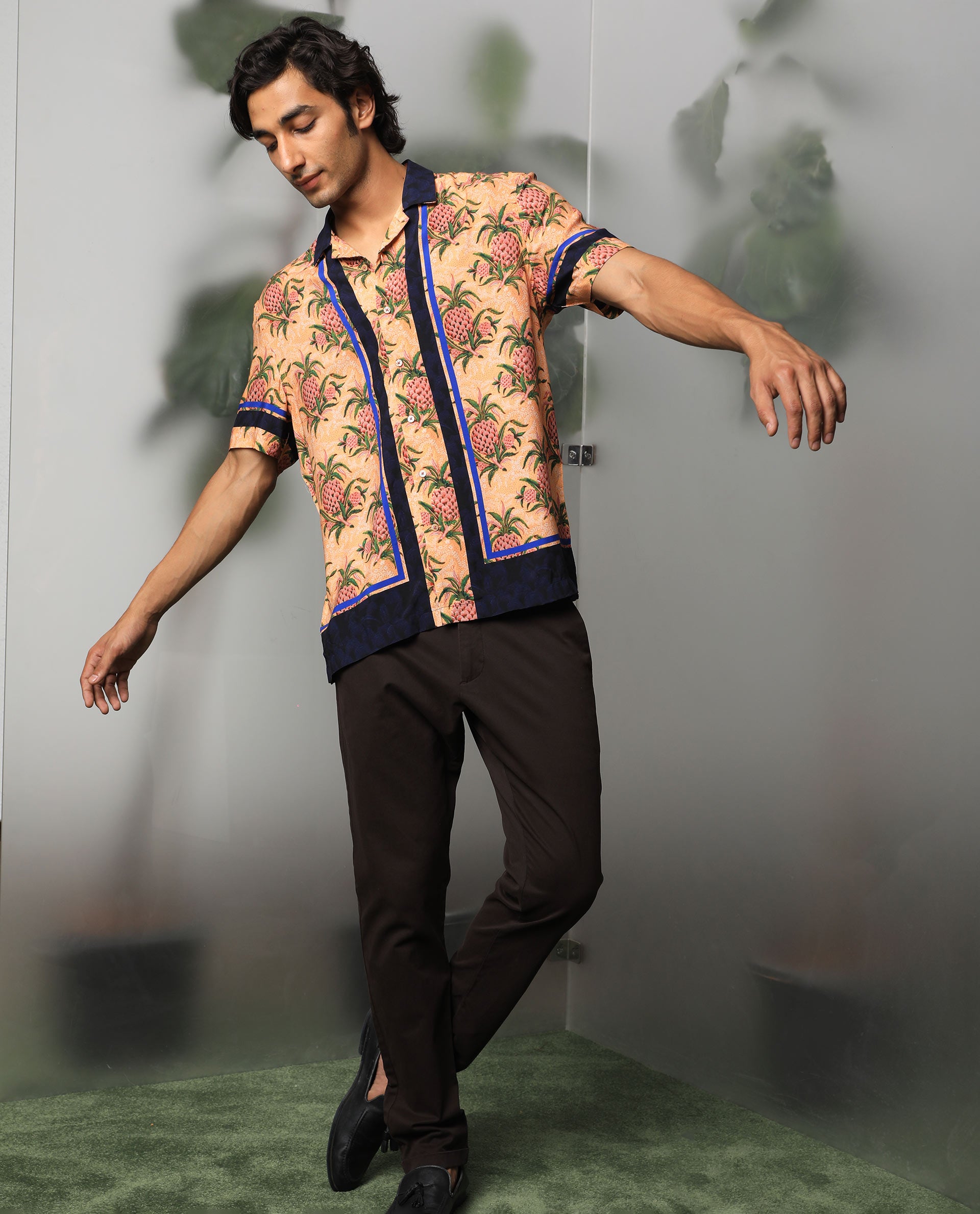 Rare Rabbit Men's Banes Beige Cotton Fabric Cuban Collar Floral Print Half Sleeves Shirt