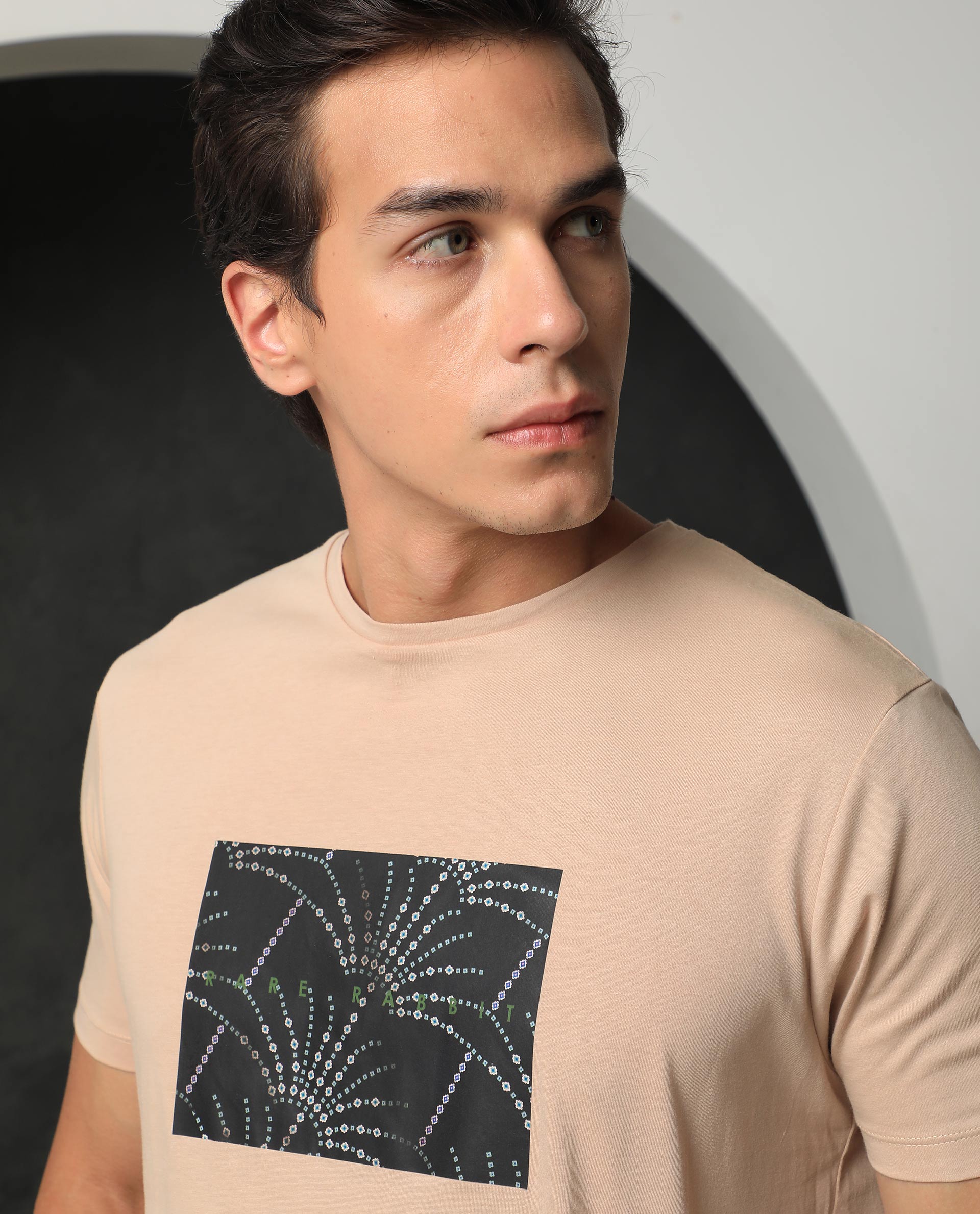 Rare Rabbit Men's Glams Beige Crew Neck Abstract Graphic Logo Printed T-Shirt