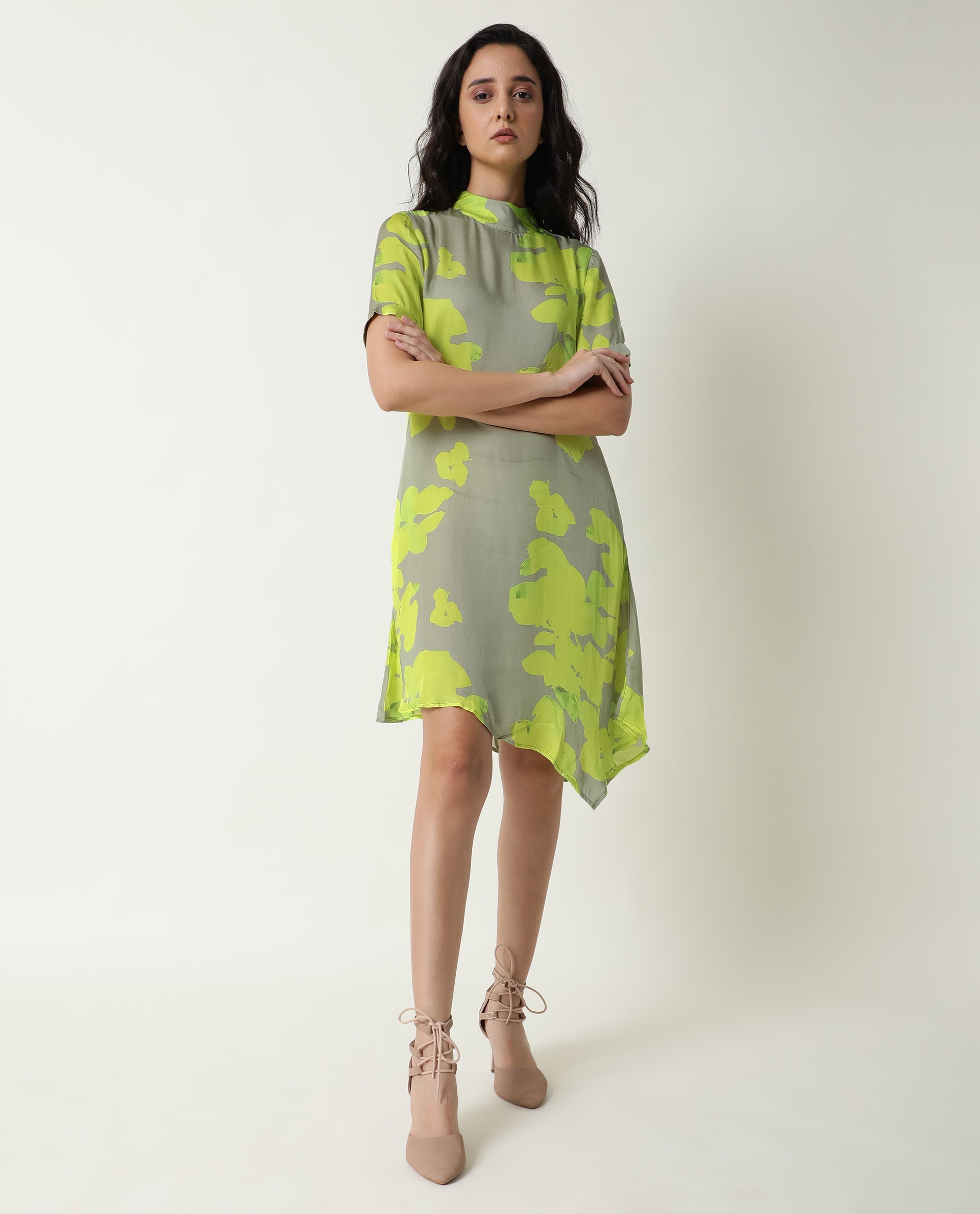 Rareism Women Sprite Yellow Floral Print Band Neck Short Sleeves With Pockets Asymmetric Hem Knee Length Dress