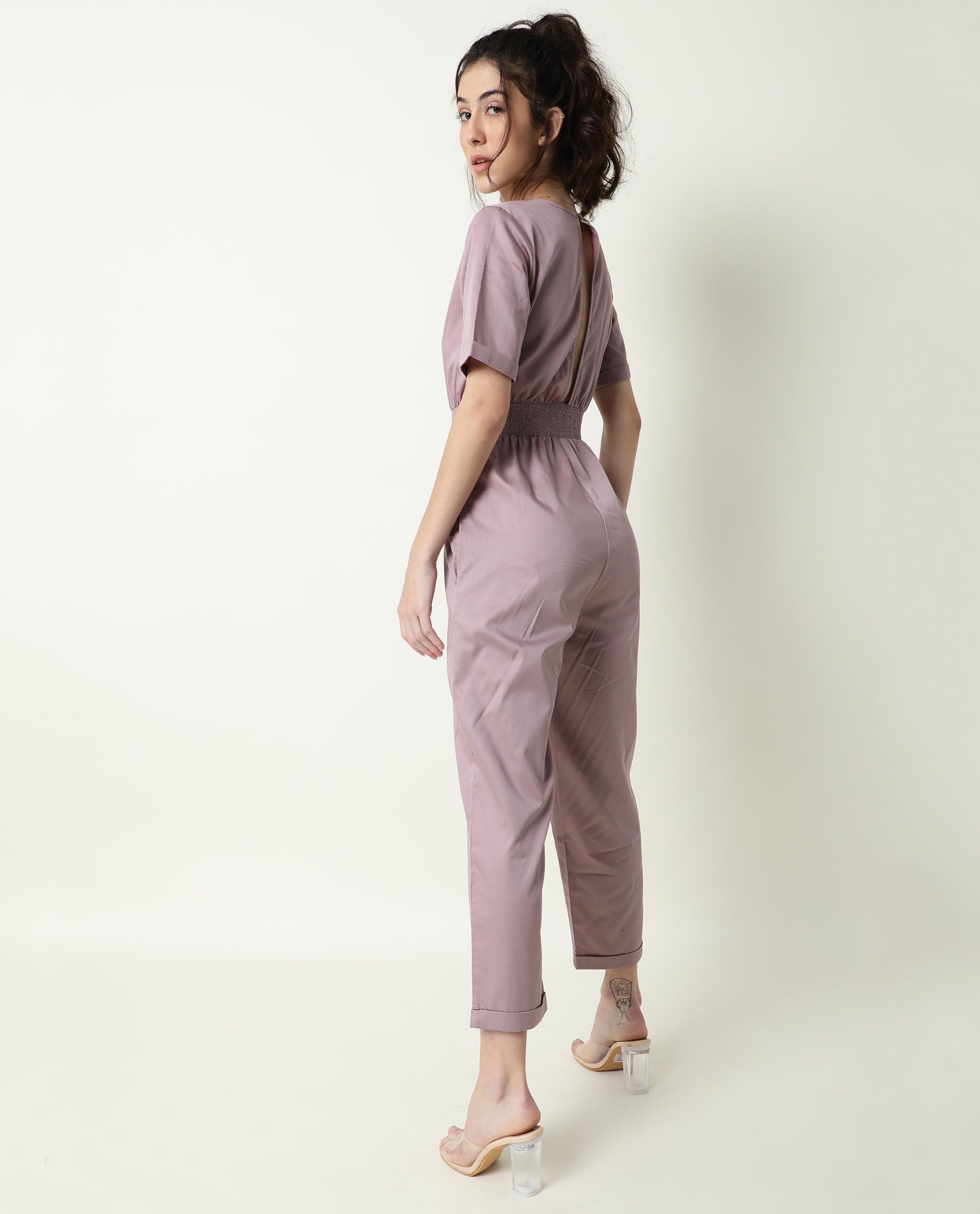 Rareism Women Husky Dusky Pink Cotton Satin Fabric Regular Fit Ankle Length Solid Jumpsuit