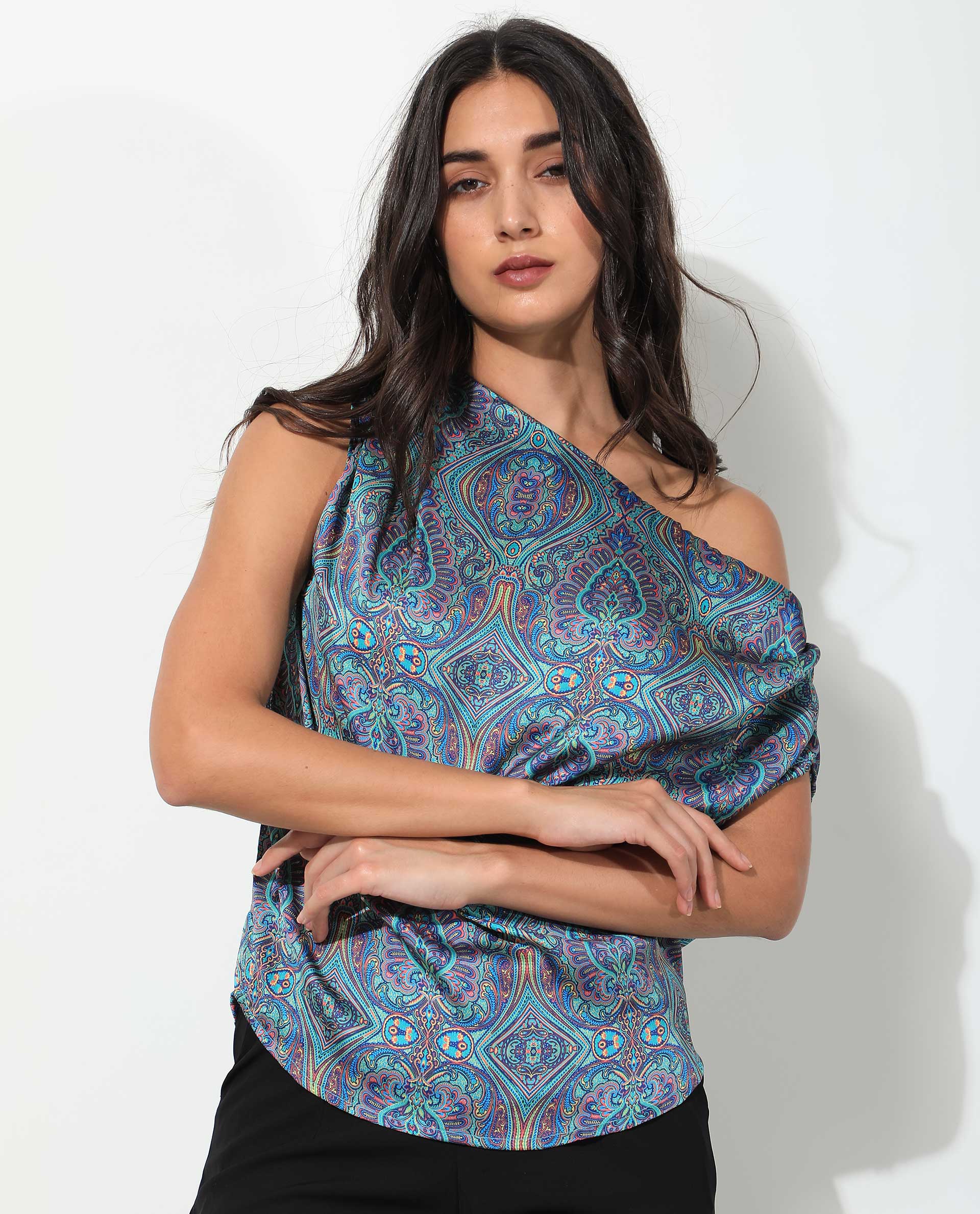 Rareism Women Sydney Blue Polyester Fabric Regular Fit Tube Neck Off Shoulder Abstract Print Top