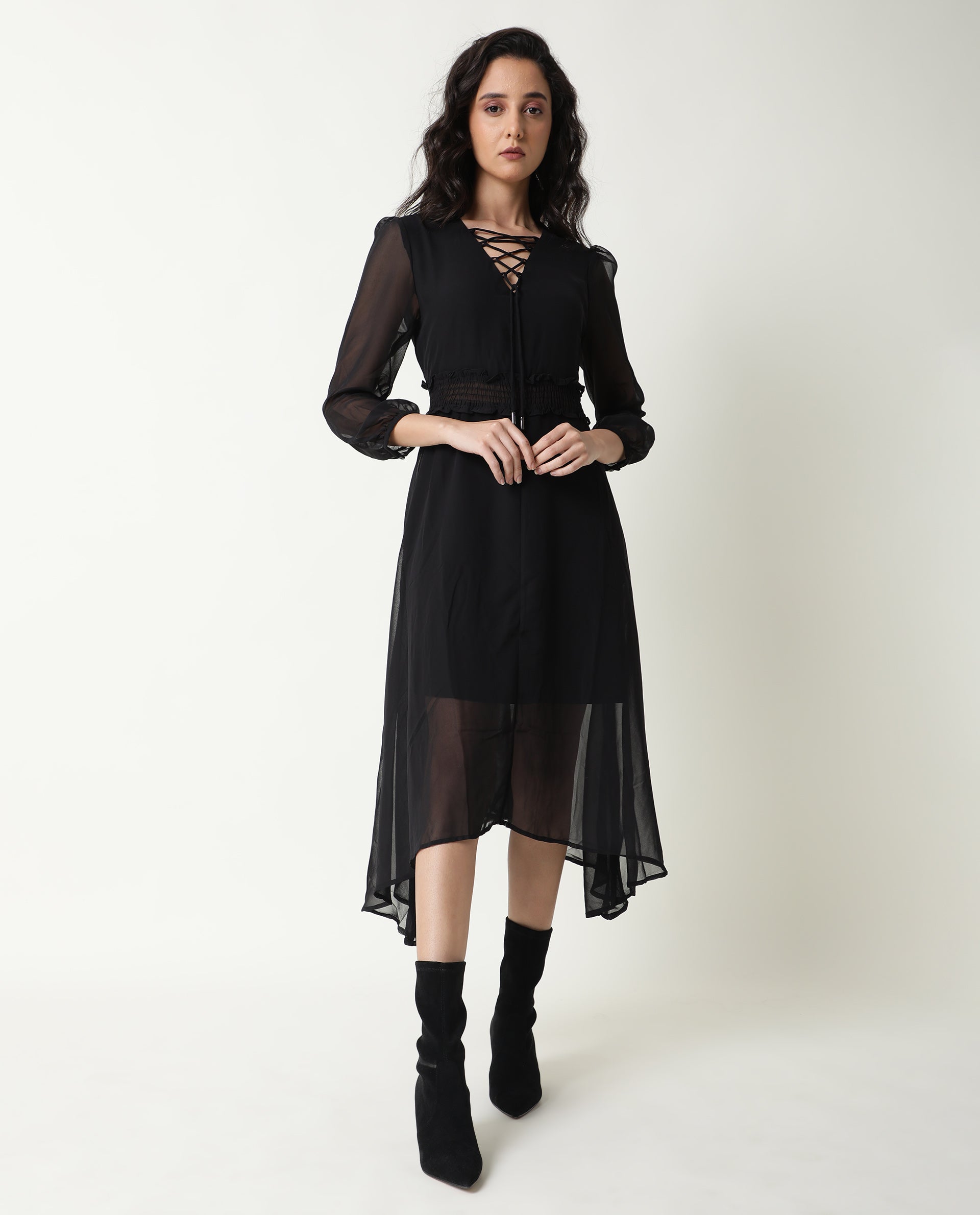 Rareism Women Ommet Black V Neck Criss Cross Tie Up Neckline Full Sleeve Smocked Waist Panel Asymmetric Knee Length Dress