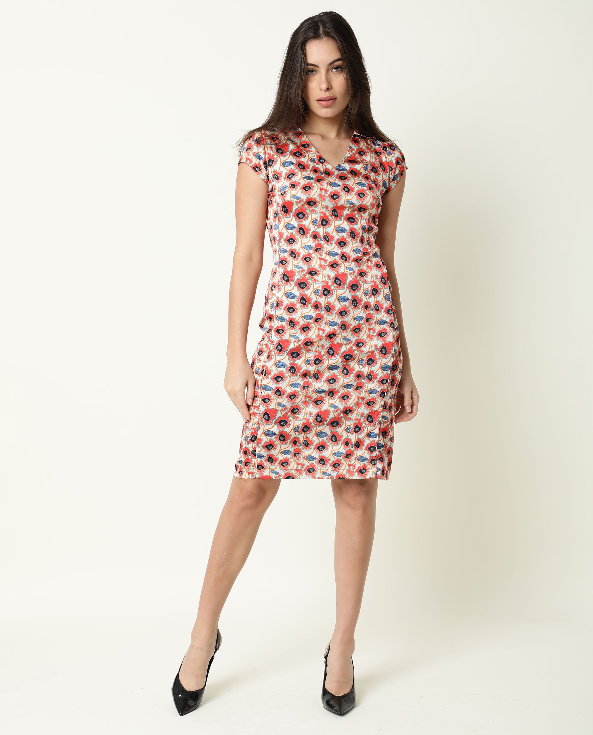 Rareism Women Orleans Beige Shirt Collar Cap Sleeves Mini Dress