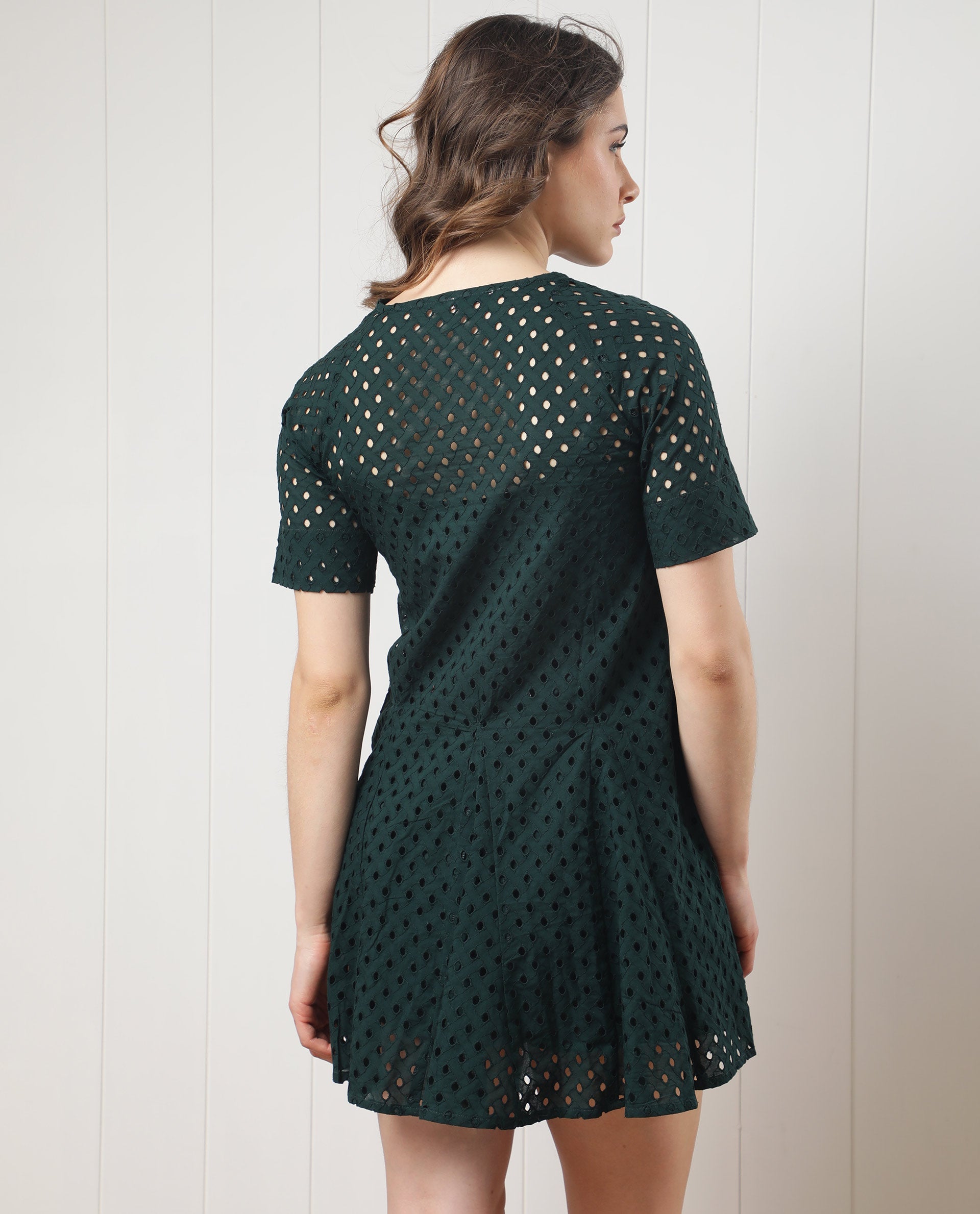 Rareism Women Bex Fluorescent Green Schiffili Round Tie Up Neck With Short Sleeves And Elastic Belt At Waist Mini Dress