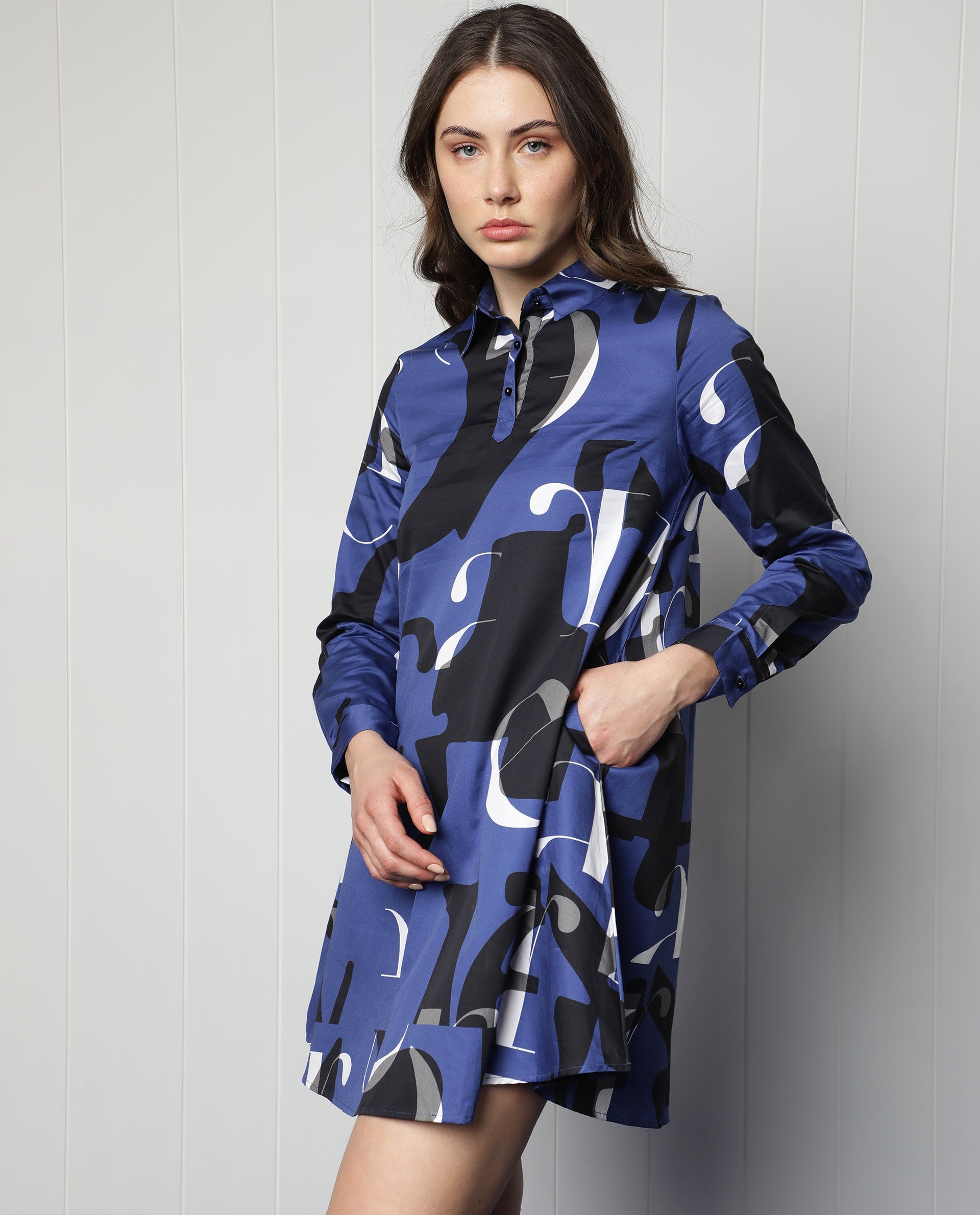 Rareism Women Macie Blue Cotton Fabric Full Sleeves Button Closure Mandarin Collar Regular Fit Graphic Print Knee Length Boxy Dress
