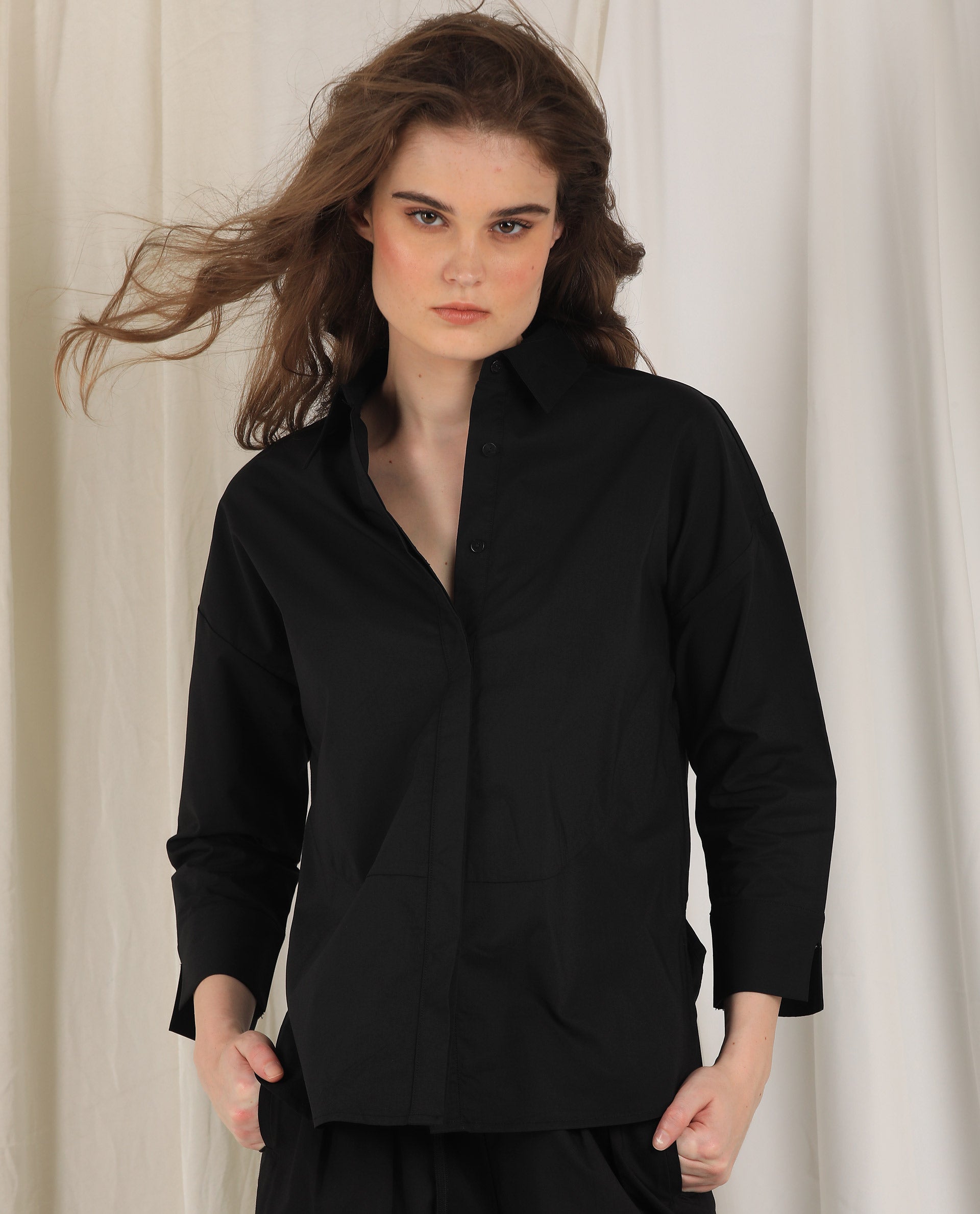 Rareism Womens Eleven Black Top Polyester Fabric Regular Fit 3/4 Sleeve Collared Neck