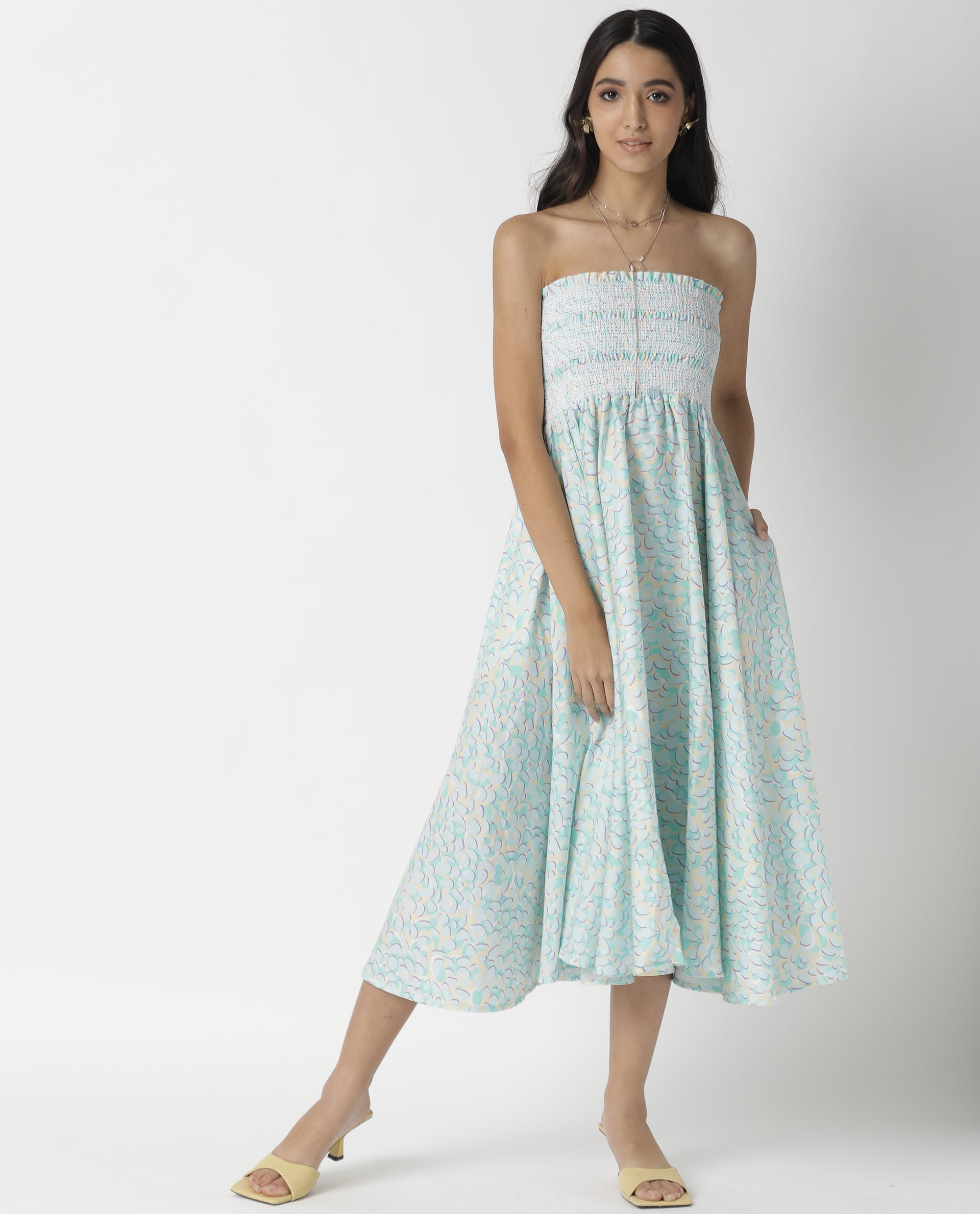 Rareism Women Toki Purple Dress Cotton Satin Fabric Sleeveless Printed