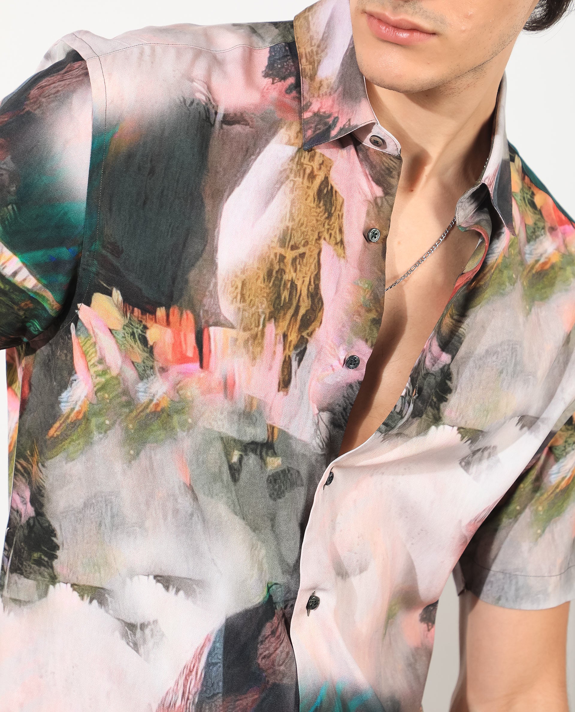 Rare Rabbit Men's Painter Green Viscose Fabric Half Sleeves Abstract Print Shirt