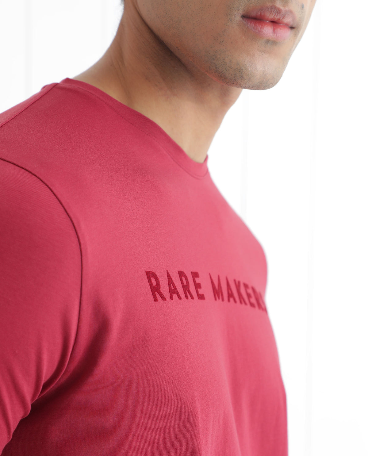 Rare Rabbit Men's Burke Dark Red Crew Neck Half Sleeves Velvet Branding Regular Fit T-Shirt