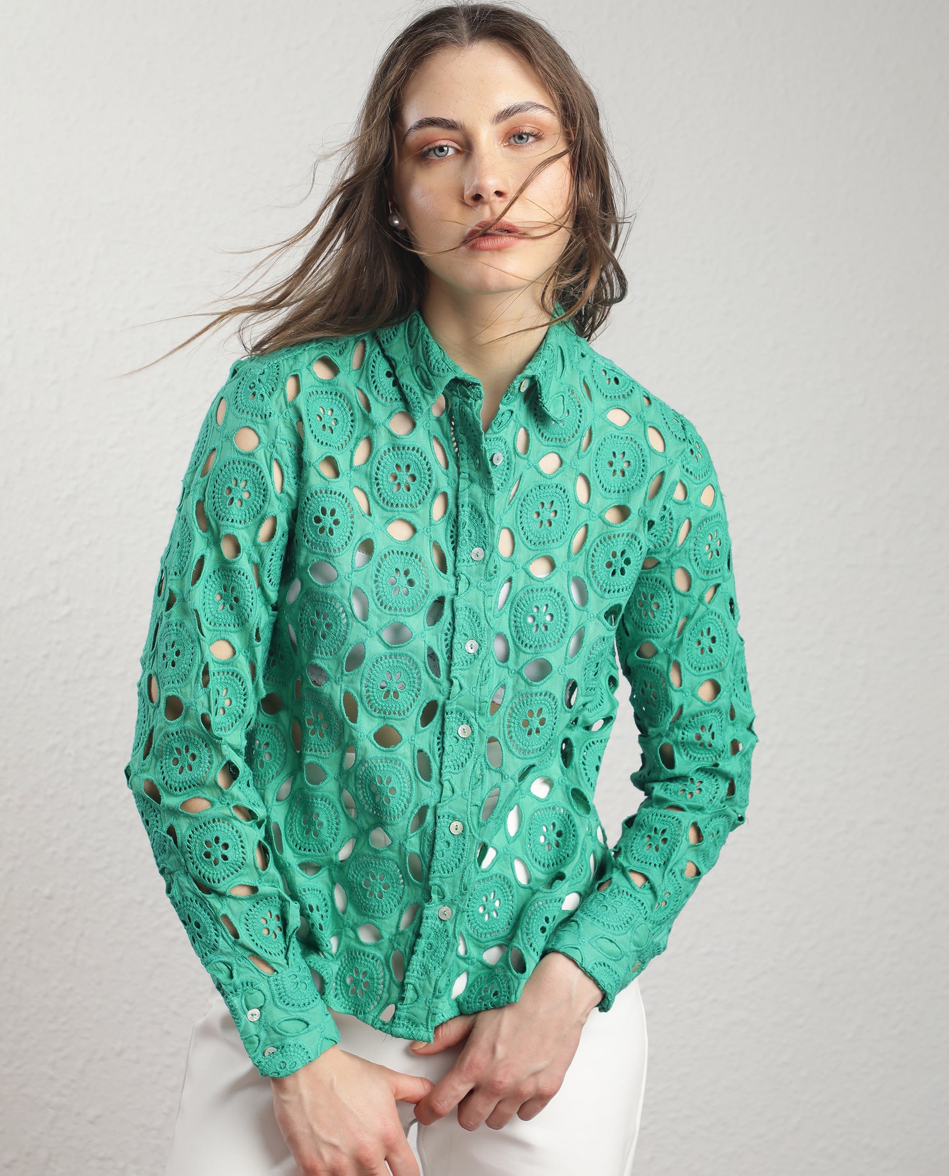 Rareism Women Olivia Green Top Cotton Fabric Full Sleeves Solid