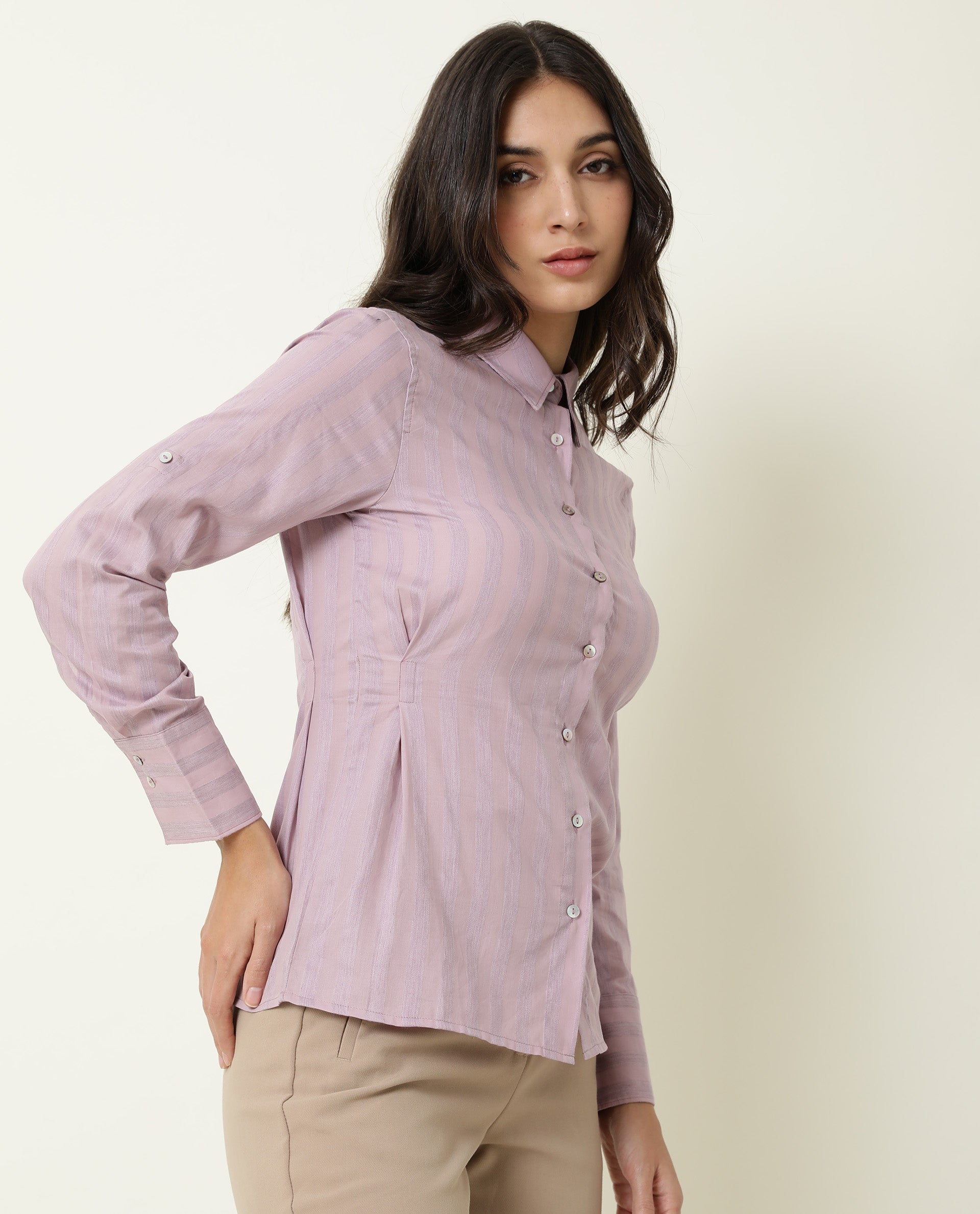 Rareism Women Pickle Pink Cotton Fabric Regular Fit Shirt Collar Full Sleeves Striped Top