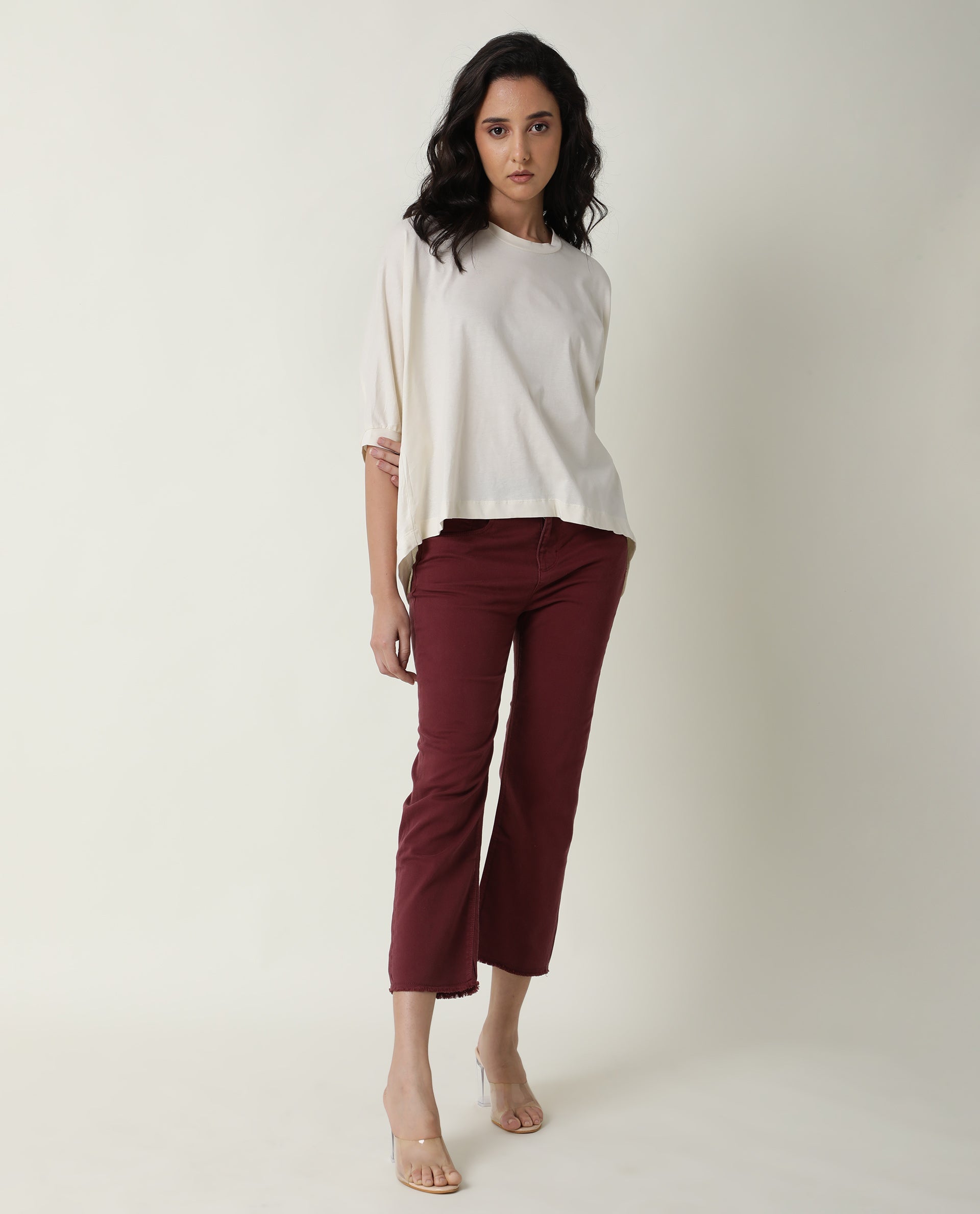 Rareism Women Osmo Off White Cotton Fabric Relaxed Fit Round Neck 3/4Th Sleeves Solid Top