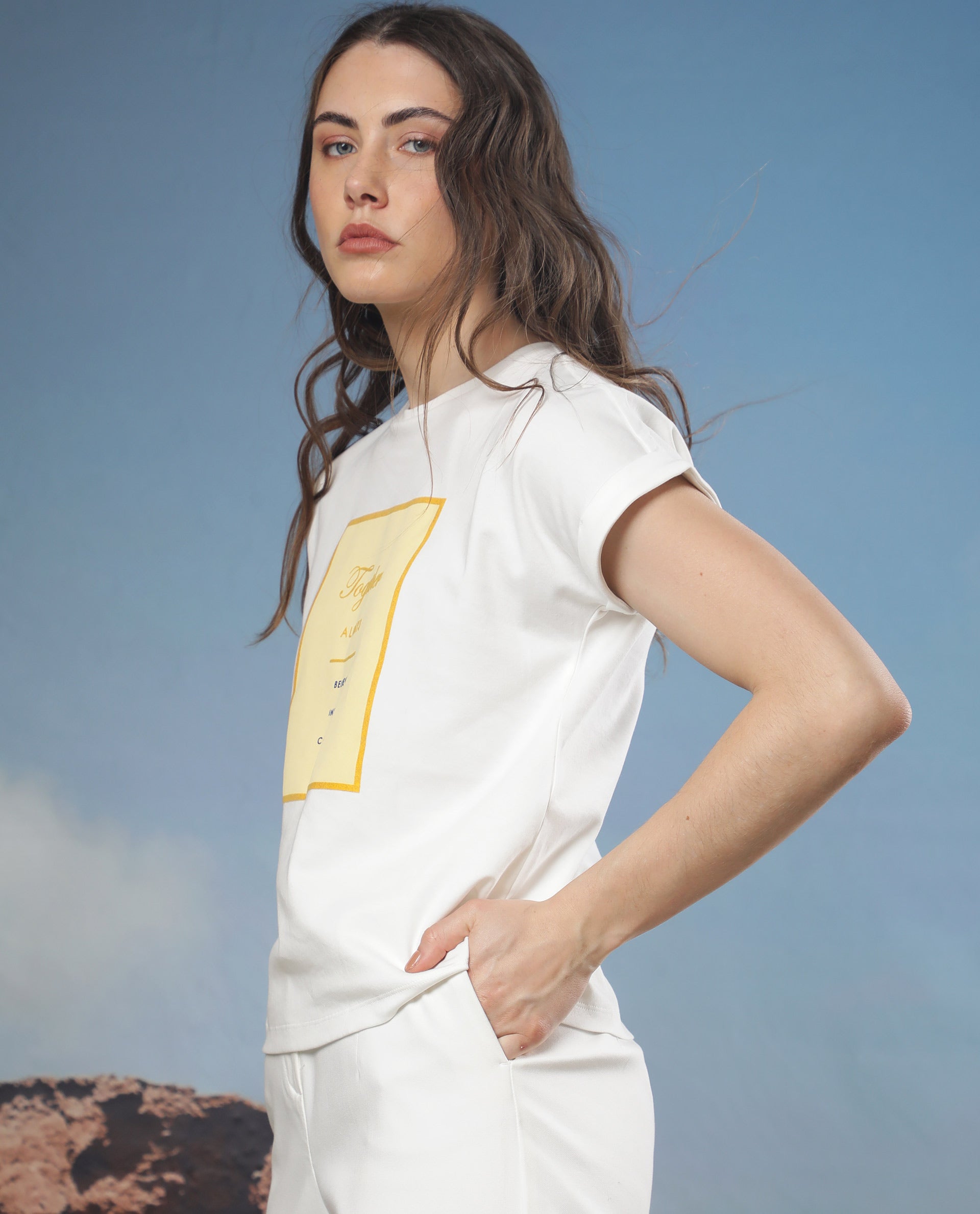 Rareism Women Ira White Cotton Fabric Short Sleeves Crew Neck Regular Fit Graphic Print T-Shirt