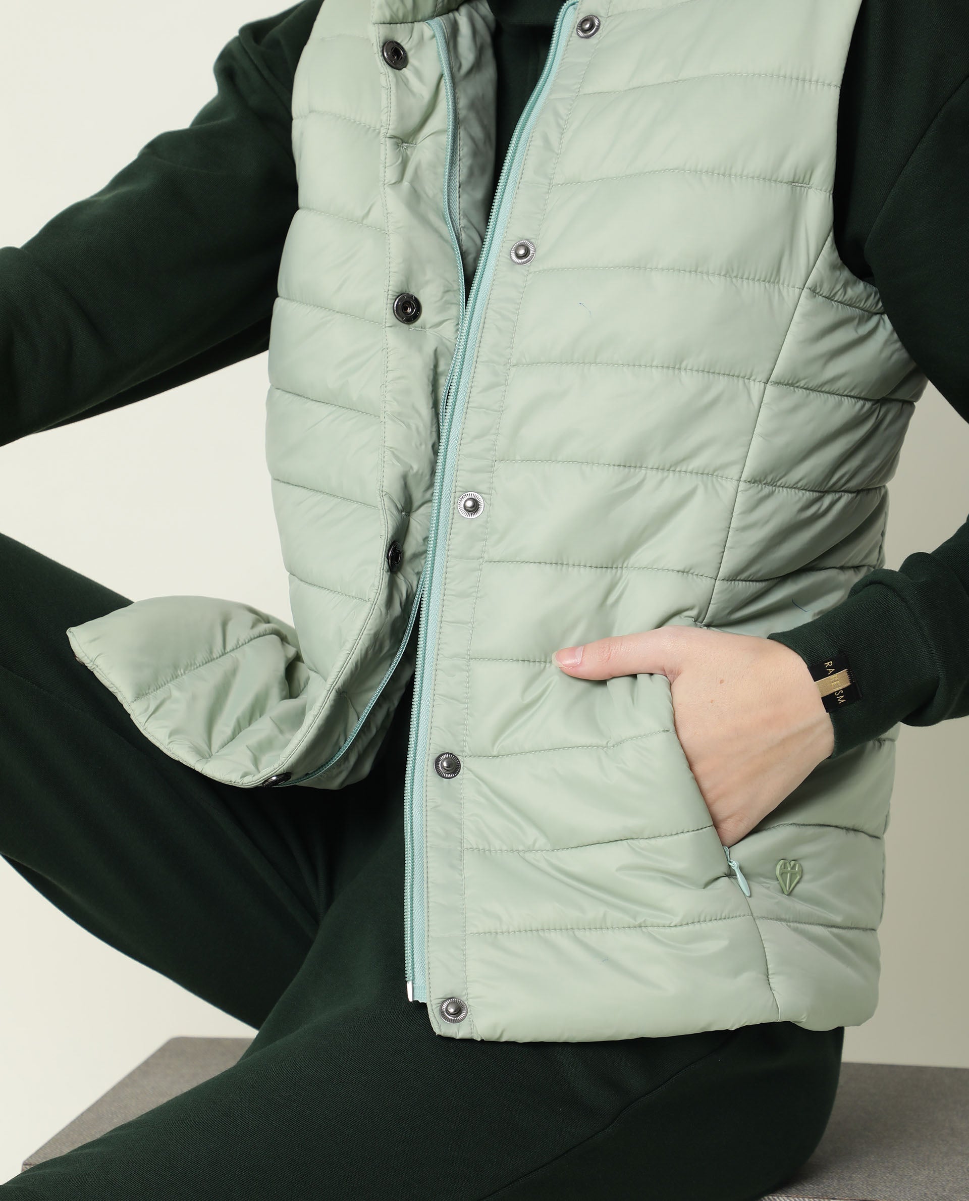 Rareism Women Trunk Light Green Sleeveless Solid Hooded Jacket