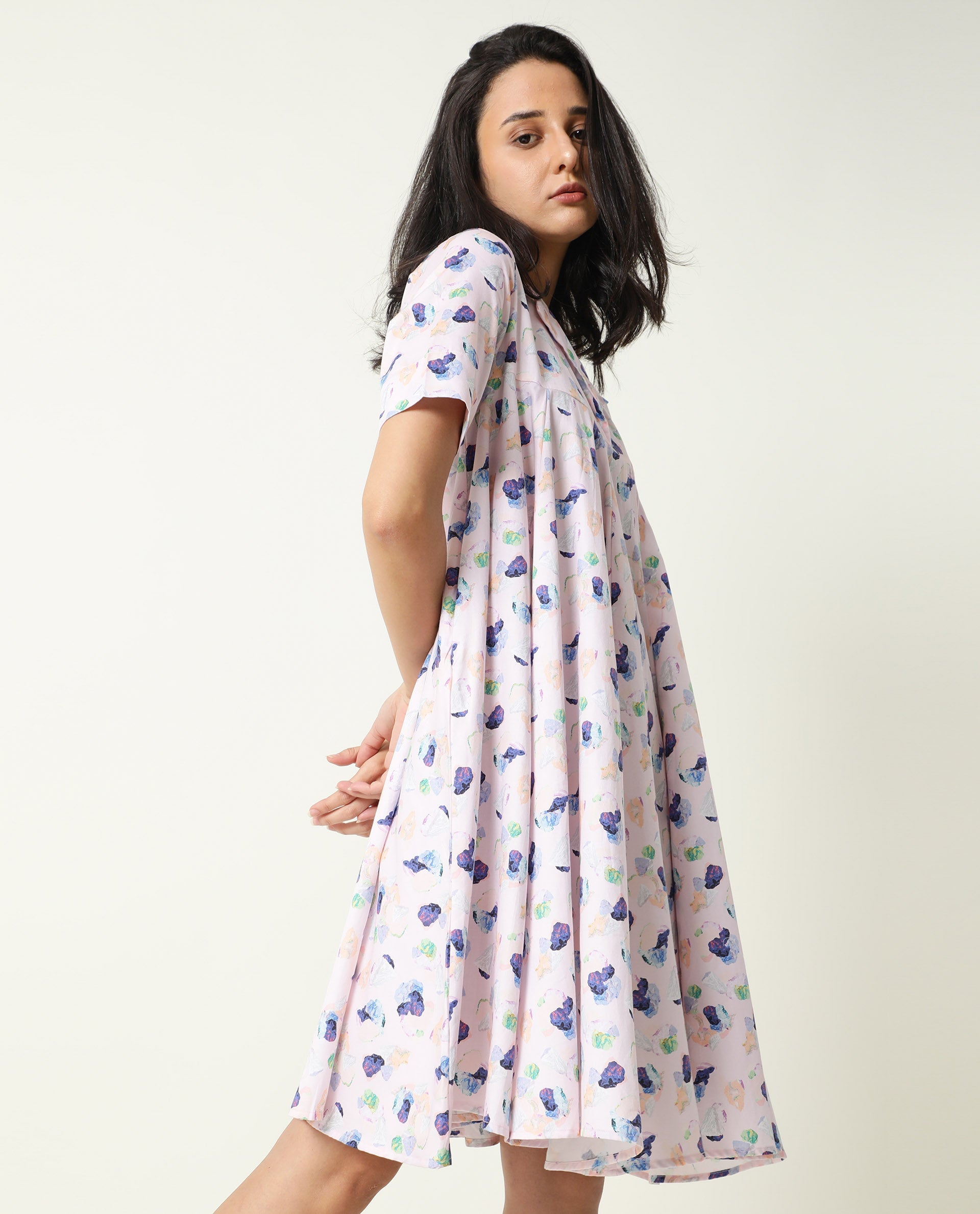 Rareism Women Allia Pink Printed Overlap Lapel Collar Short Sleeves Flared Mini Dress