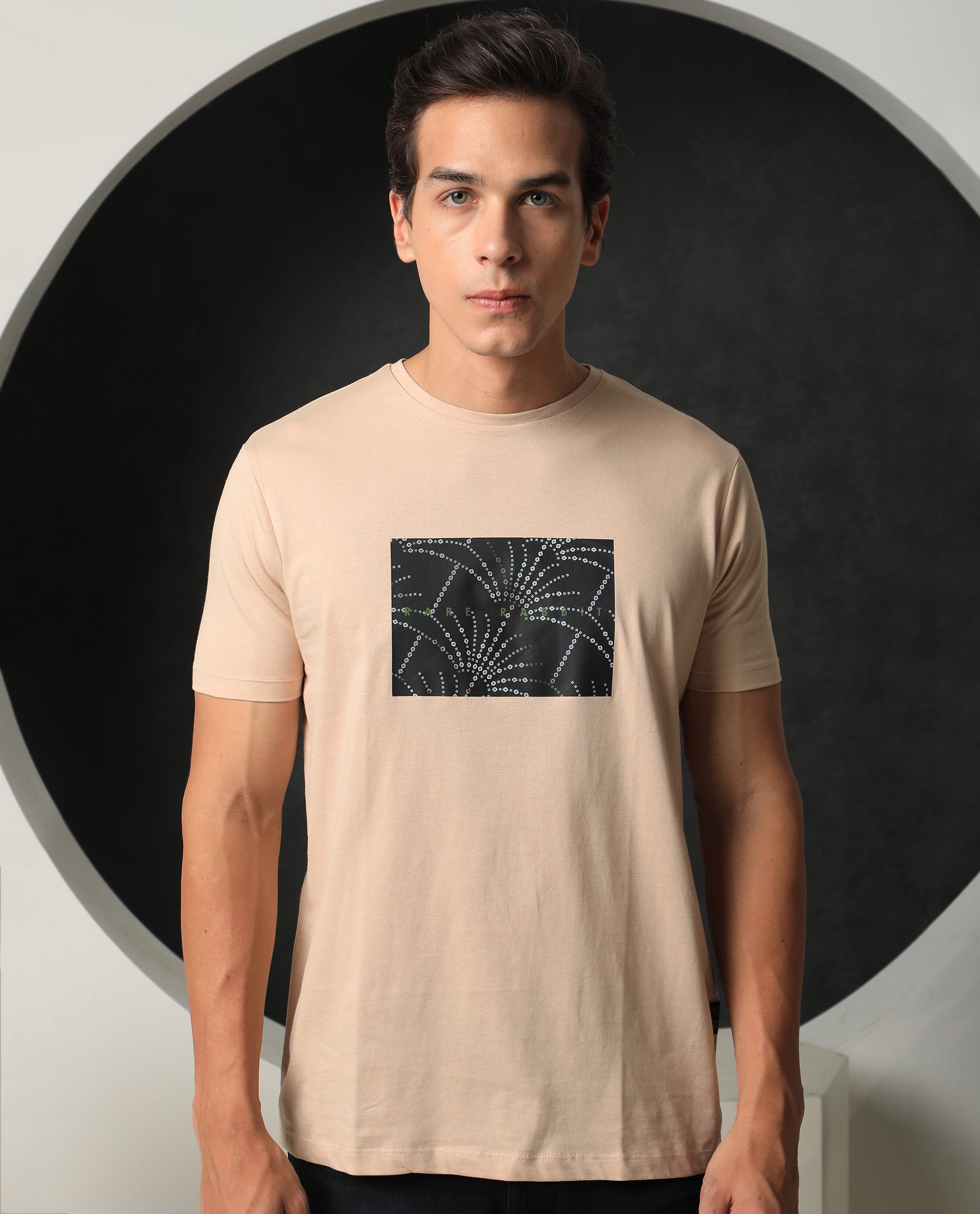 Rare Rabbit Men's Glams Beige Crew Neck Abstract Graphic Logo Printed T-Shirt