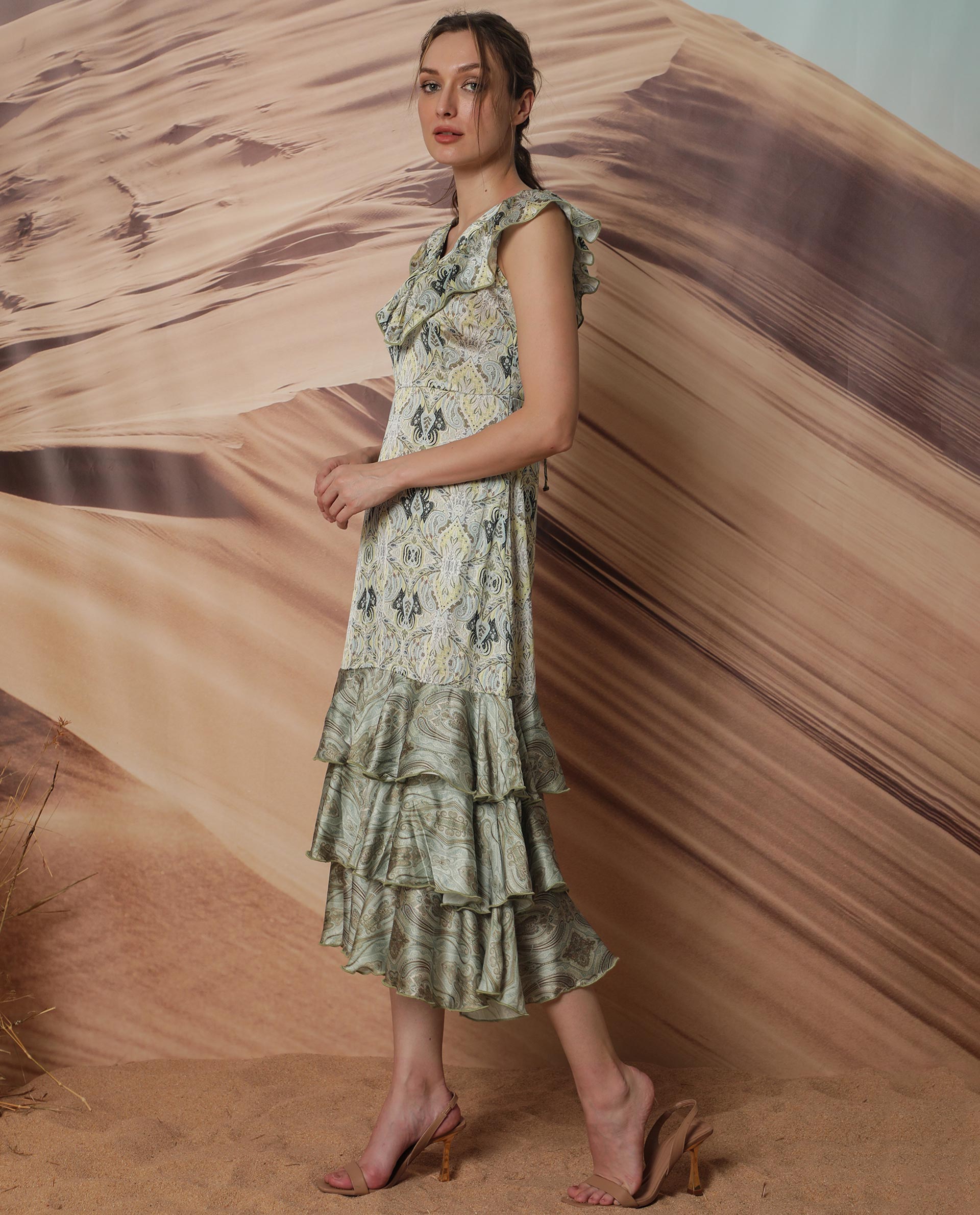 Rareism Women Aishia Off White Polyester Fabric Ruffled Neck Sleeveless Regular Fit Paisley Print Midi A-Line Dress