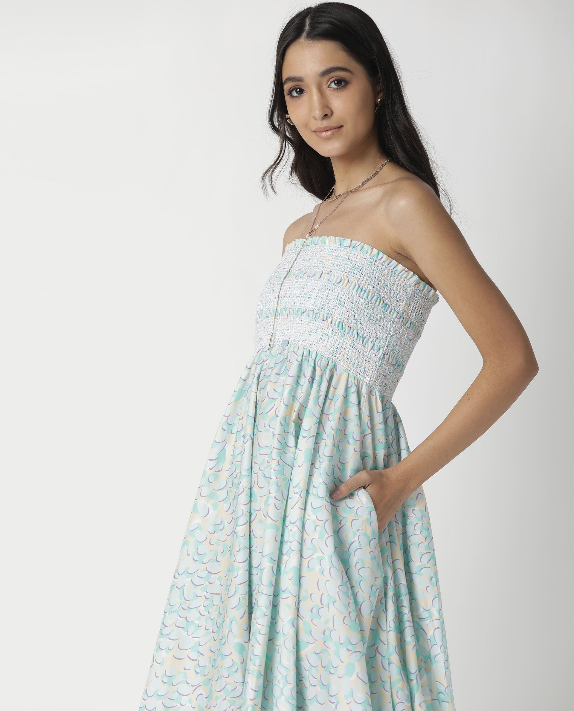 Rareism Women Toki Purple Dress Cotton Satin Fabric Sleeveless Printed