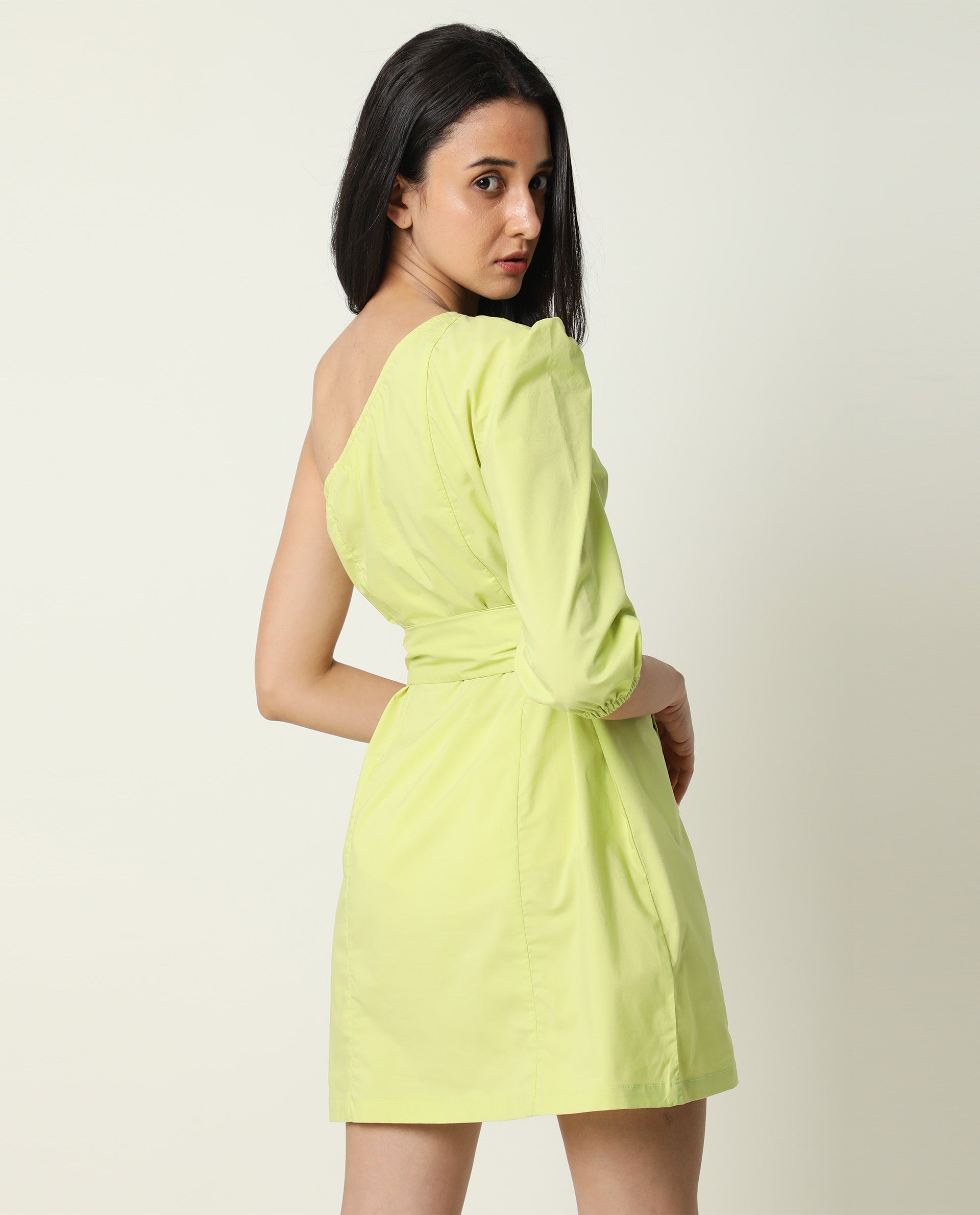 Rareism Women Floris Green Off Shoulder Puff Sleeve With Fabric Waist Tie Up Mini Dress