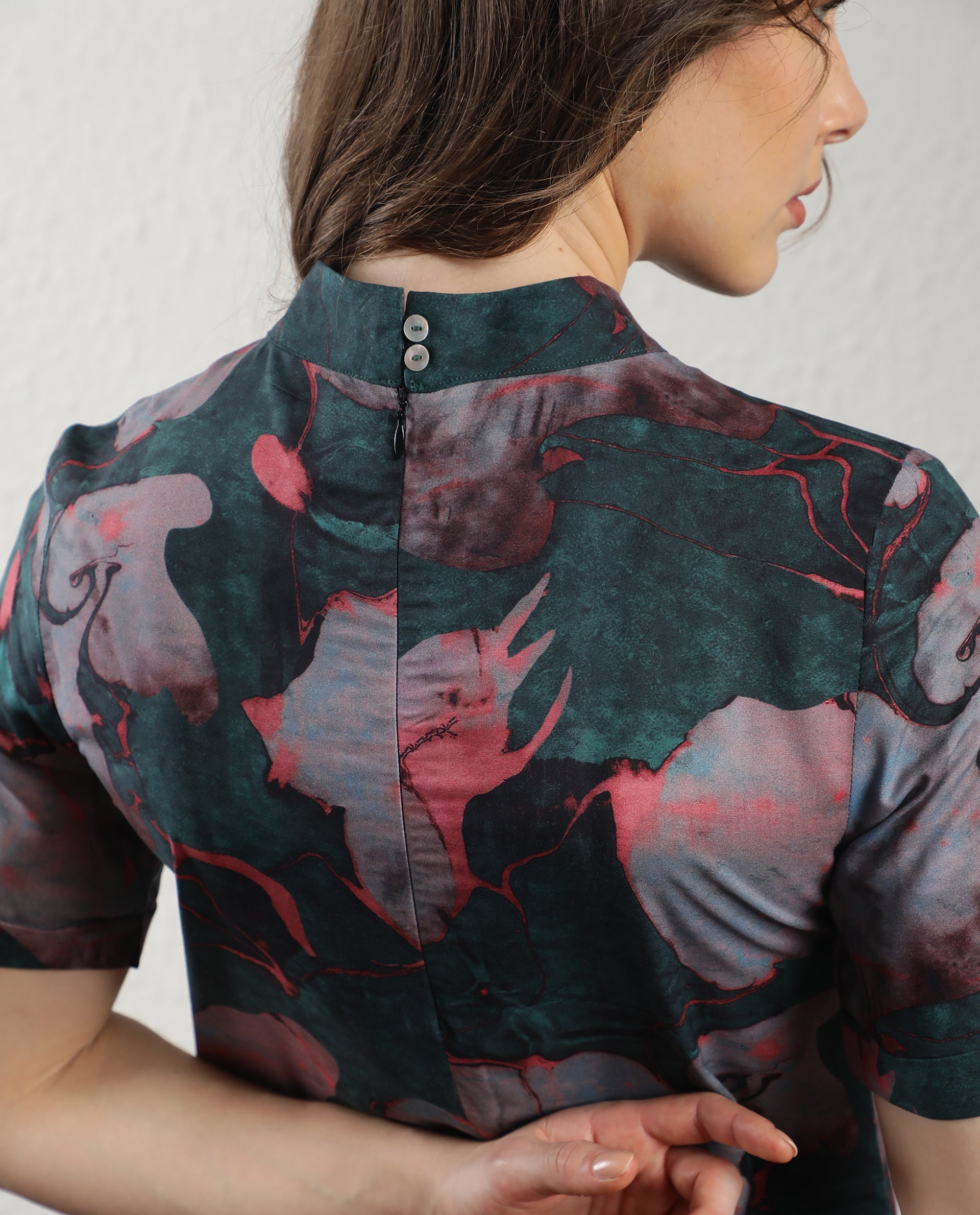 Rareism Women Calantha Multi Viscose Fabric Short Sleeves Zip Closure High Neck Regular Fit Floral Print Knee Length Asymmetric Dress