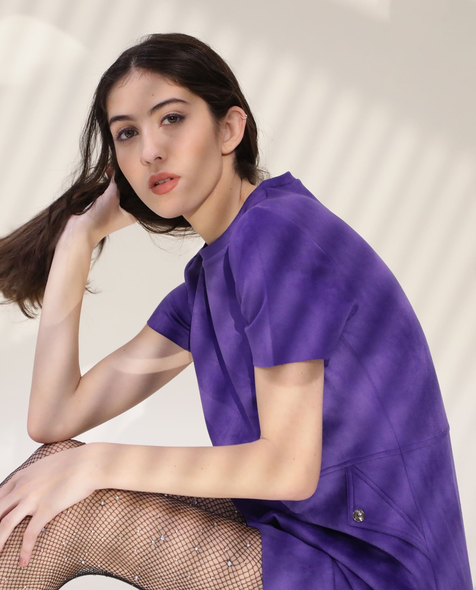 Rareism Women Sions Purple Round Neck Short Sleeves Mini Dress