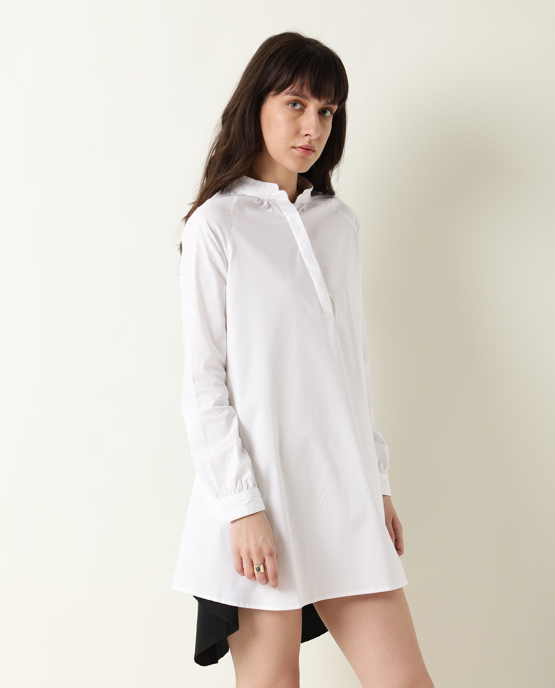 Rareism Womens Hansom Black Dress Cotton Lycra Fabric Regular Fit Mandrain Neck