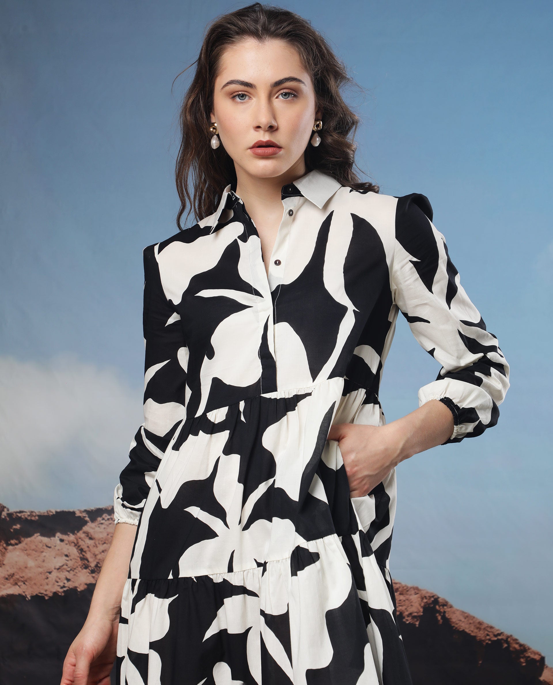 Rareism Women Susan Black Dress Cotton Fabric Print