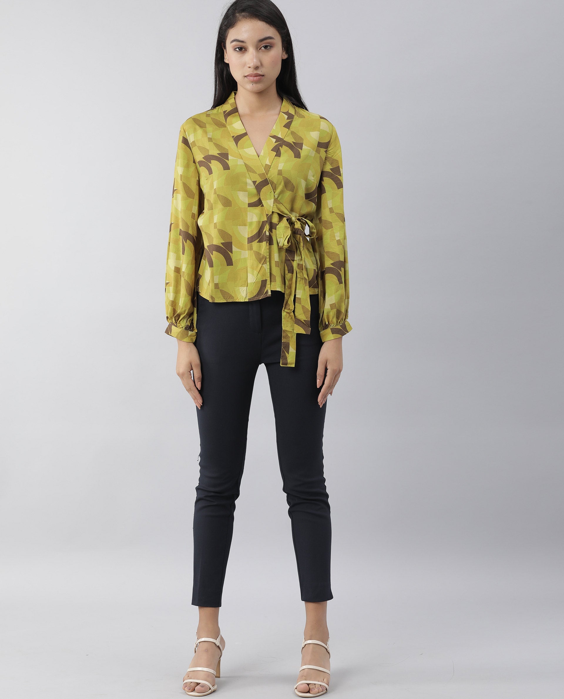 Rareism Women Pixie Green Top Full Sleeves Printed