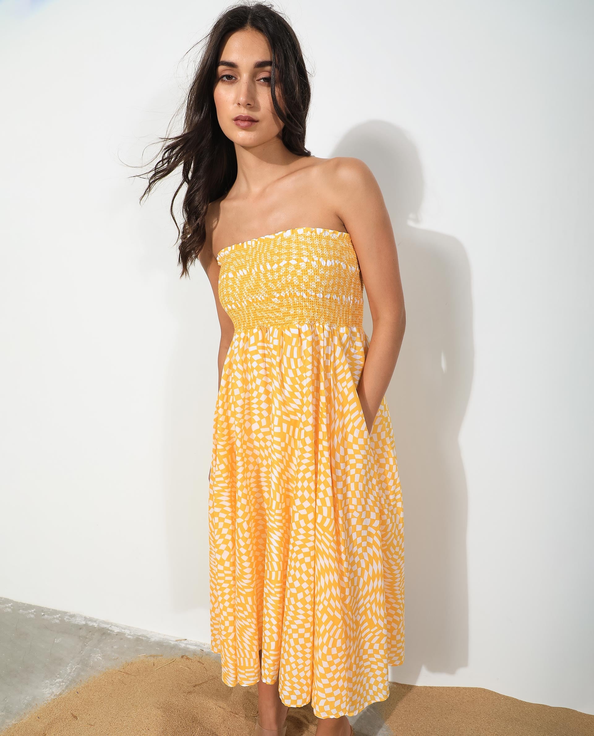 Rareism Women Daffodil Yellow Cotton Fabric Sleeveless Tube Neck Shoulder Straps Regular Fit Print Knee Length Dress