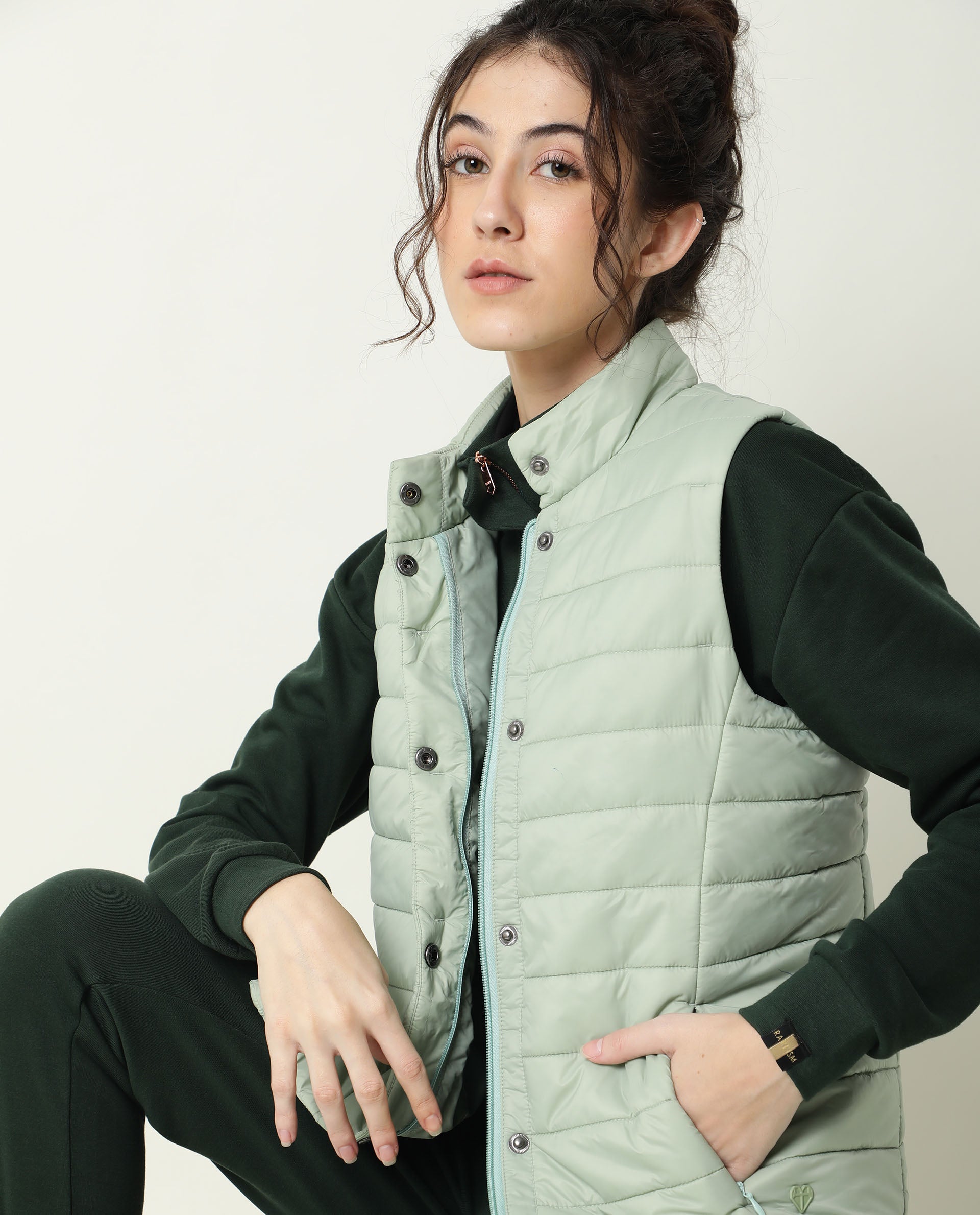 Rareism Women Trunk Light Green Sleeveless Solid Hooded Jacket