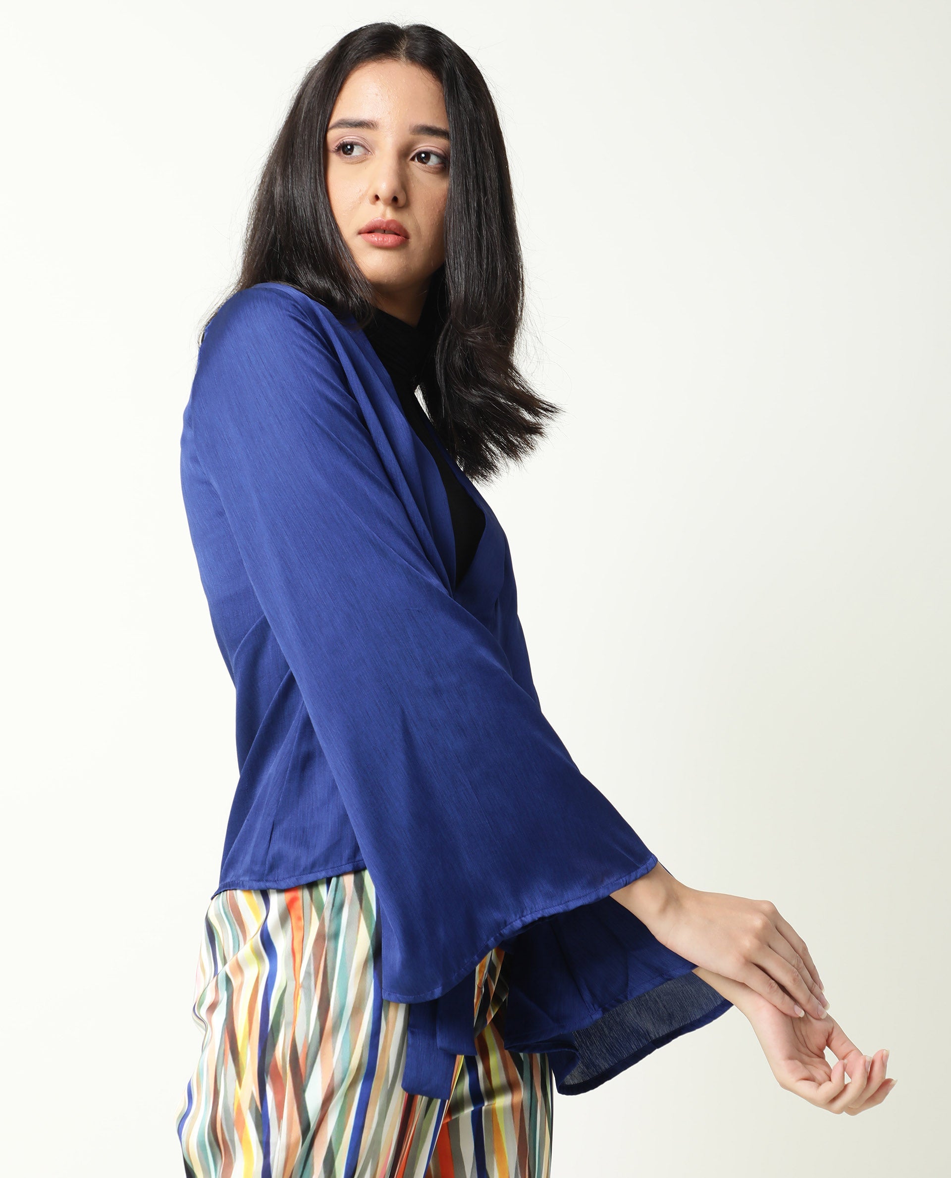 Rareism Women Cuff Blue Polyester Fabric Regular Fit Solid Shawl Collar Outer Wear