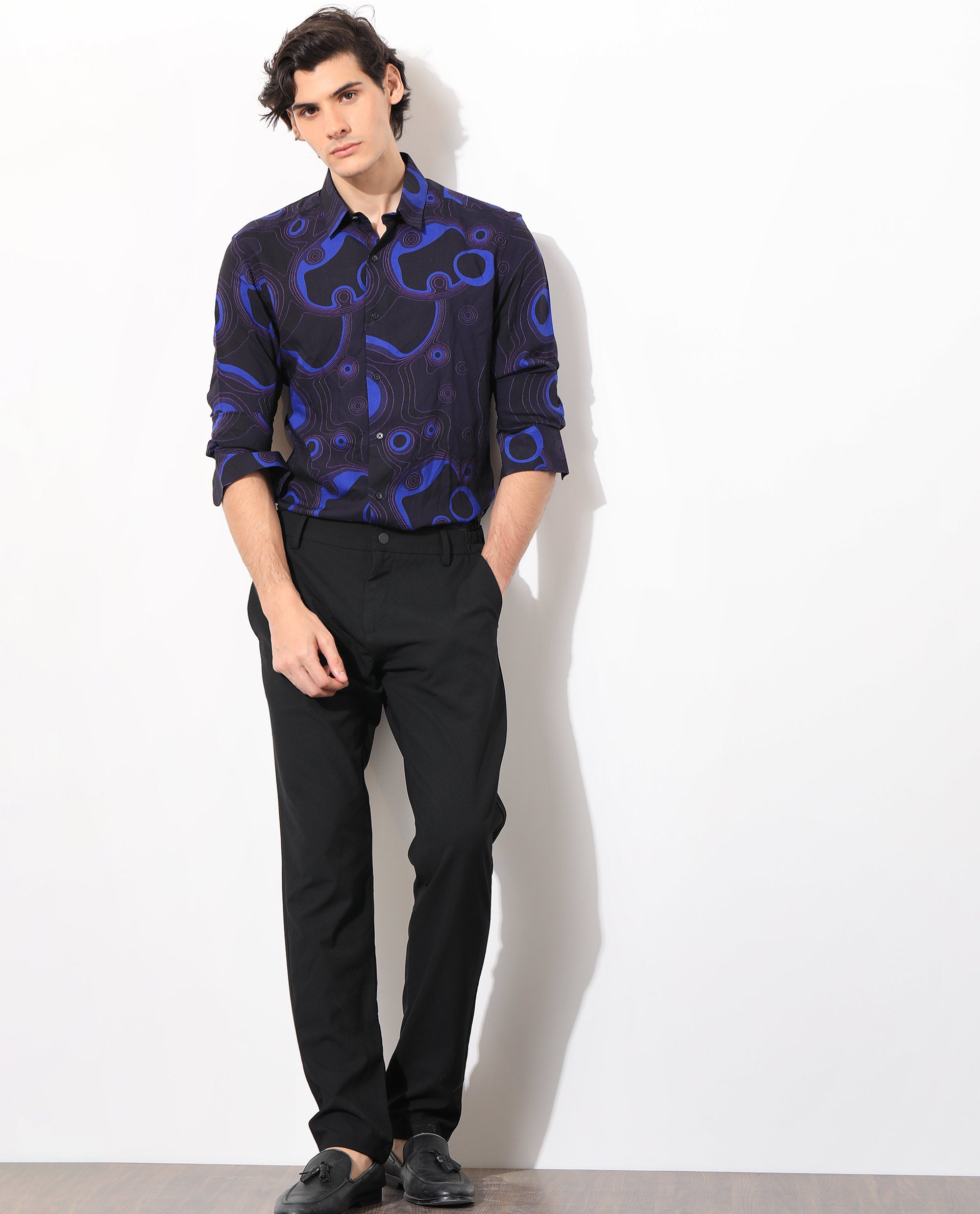 Rare Rabbit Men's Inlet Navy Viscose Fabric Abstract Print Full Sleeves Shirt