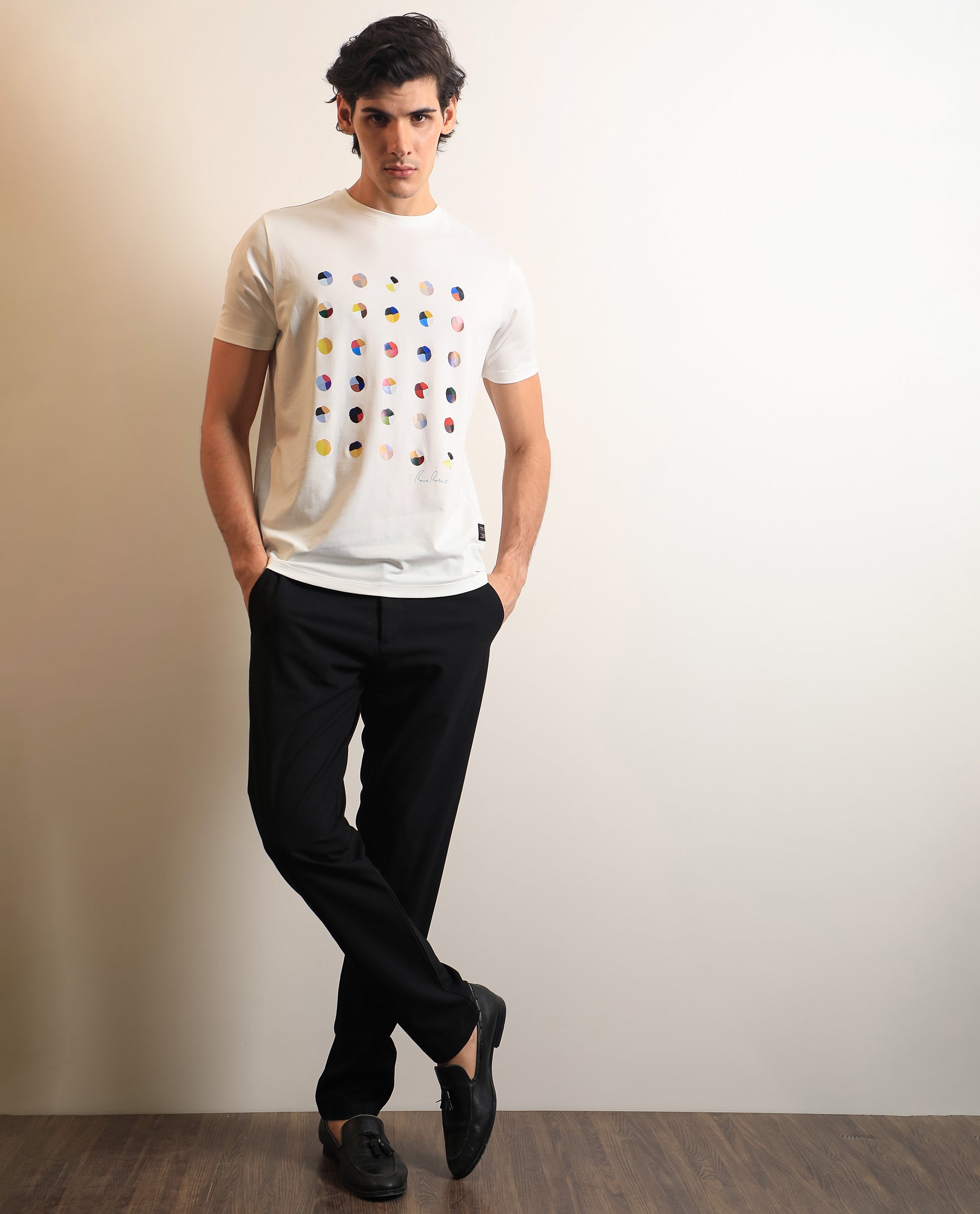 Rare Rabbit Men's Flips Off White Crew Neck Abstract Polka Print Half Sleeves Slim Fit T-Shirt