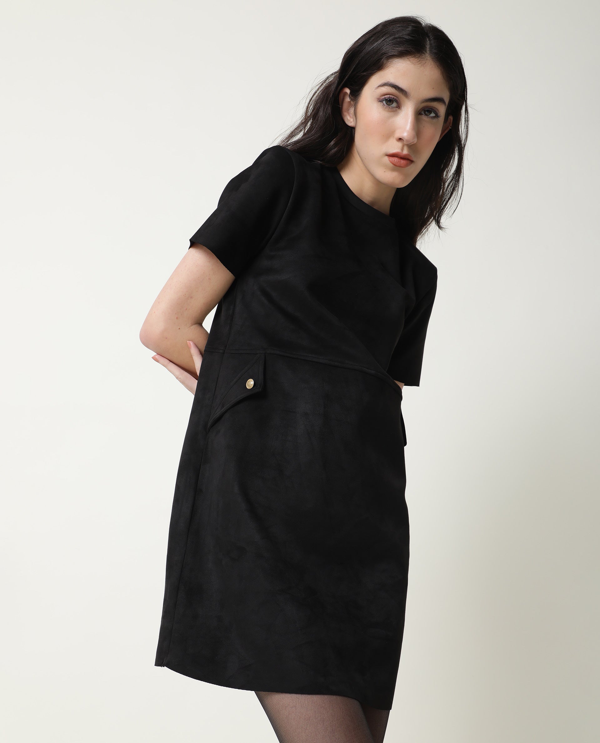 Rareism Women Sions Black Round Neck Short Sleeves Mini Dress