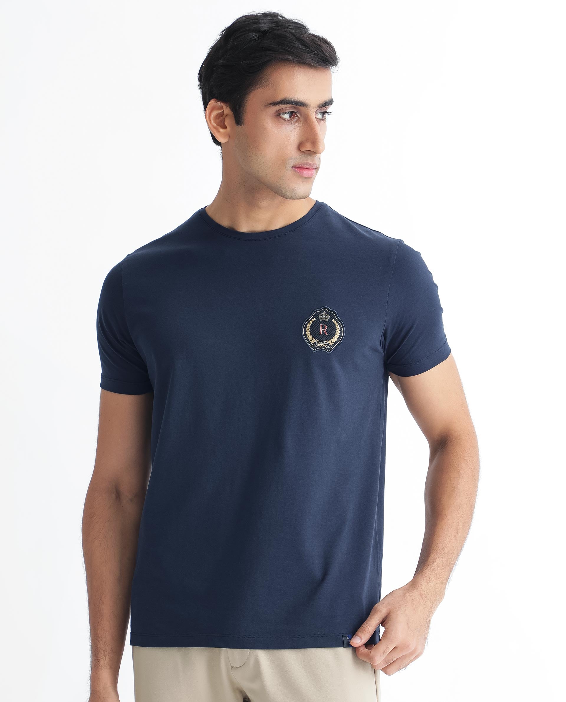 Rare Rabbit Men's Kos Navy Solid Crew Neck Chest Embroidered Label Branding Half Sleeves Regular Fit T-Shirt