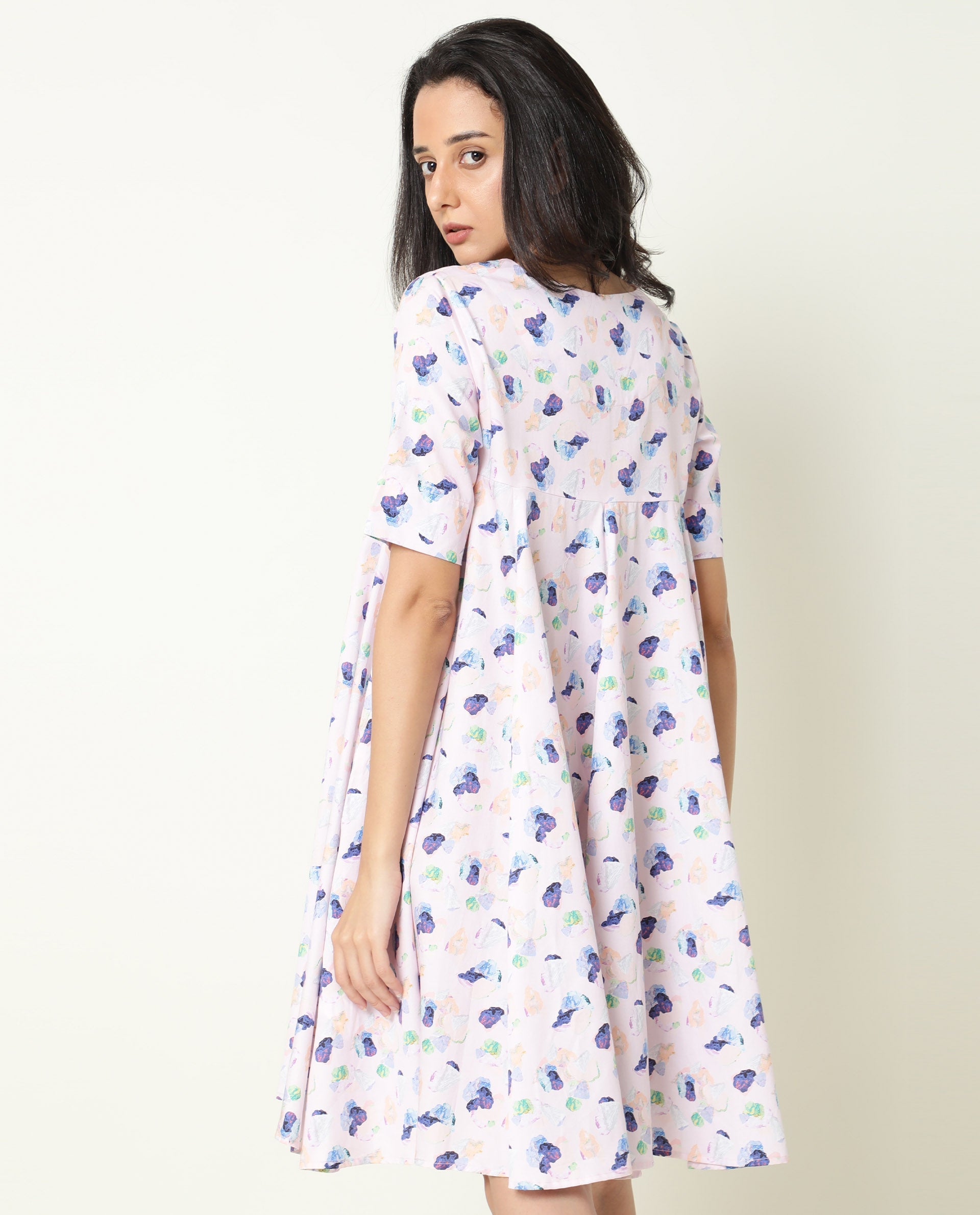 Rareism Women Allia Pink Printed Overlap Lapel Collar Short Sleeves Flared Mini Dress