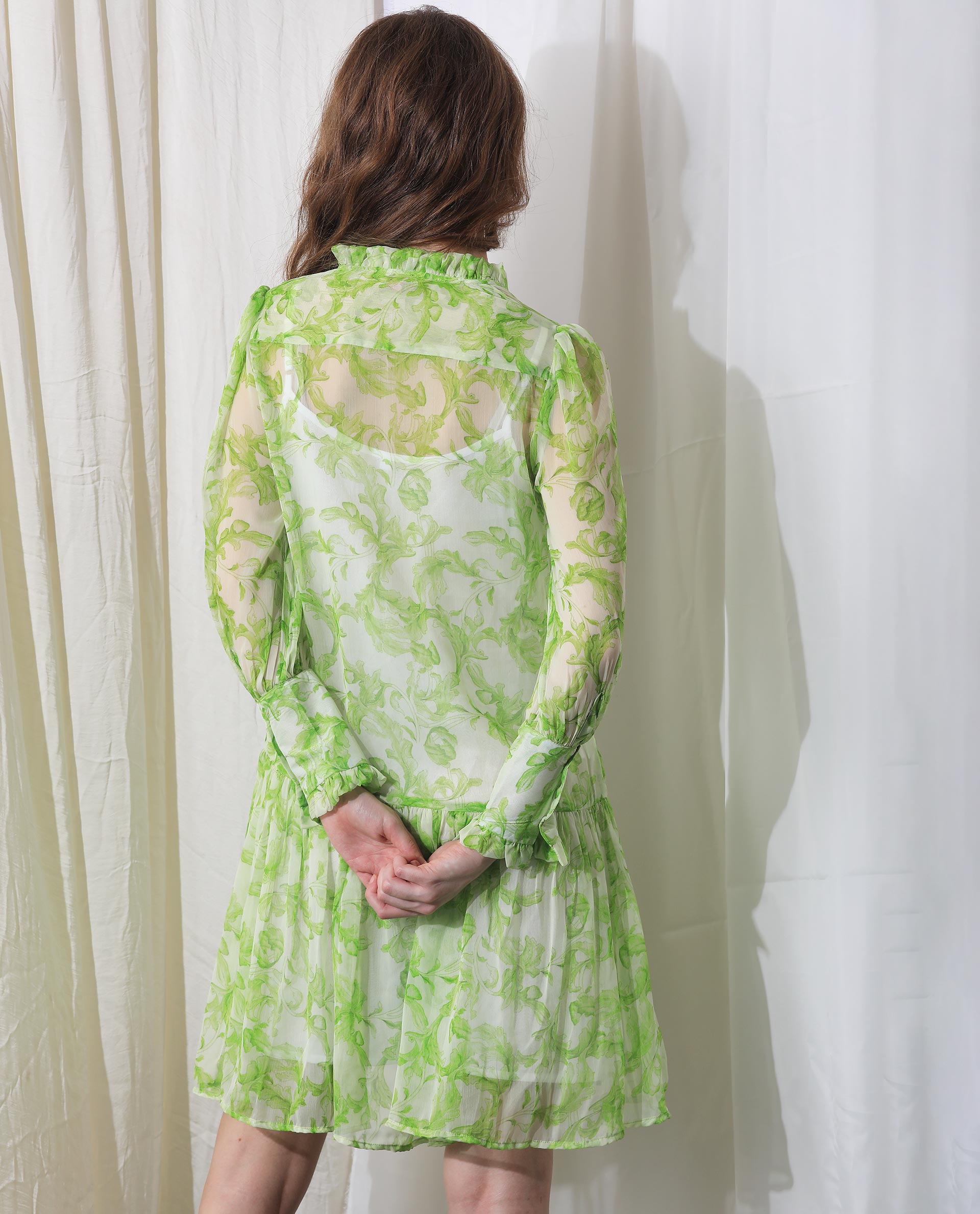 Rareism Women's Quin Green Polyester Fabric Ruffled Neck Button Closure Ruffled Sleeve Floral Print Knee Length Dress