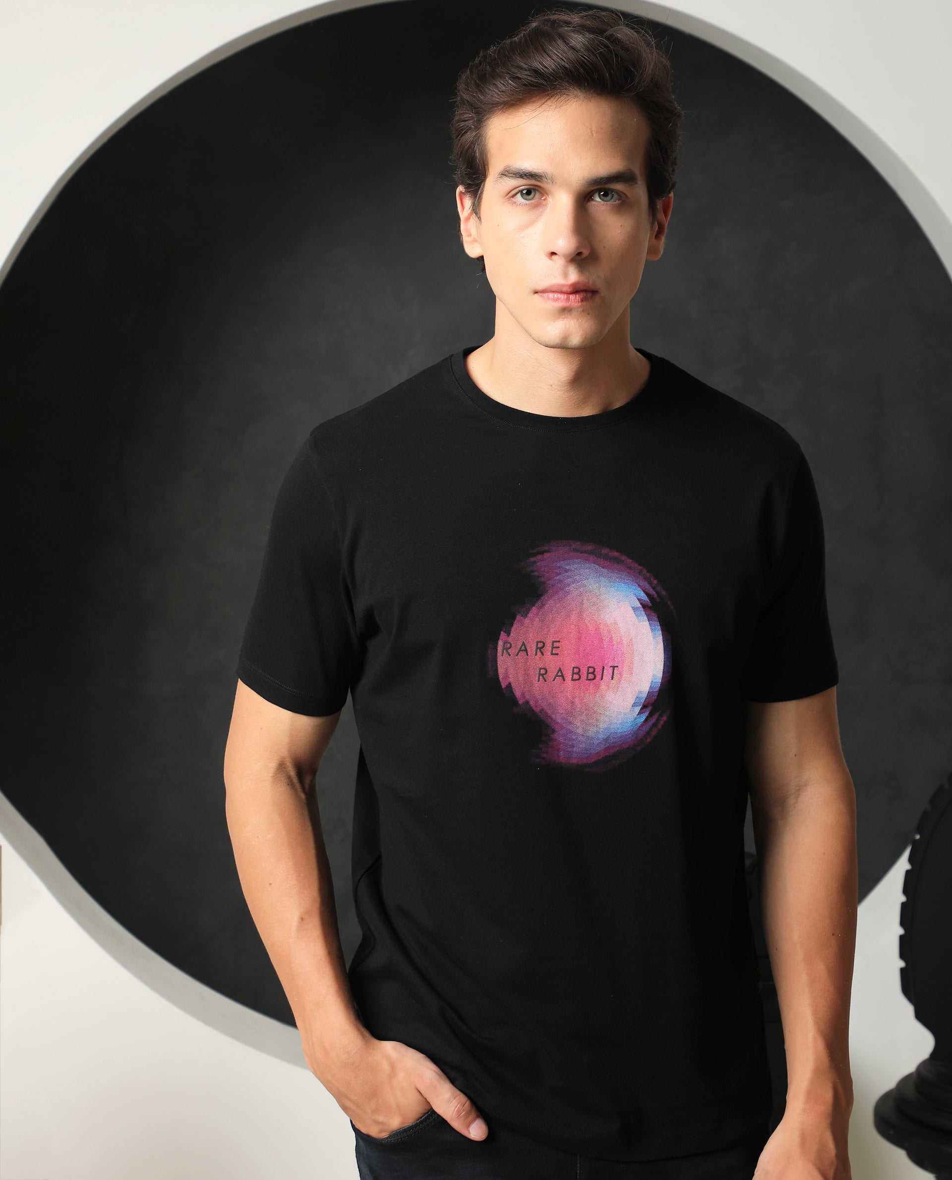 Rare Rabbit Men's Knobel Black Crew Neck Graphic Printed Half Sleeves Slim Fit T-Shirt