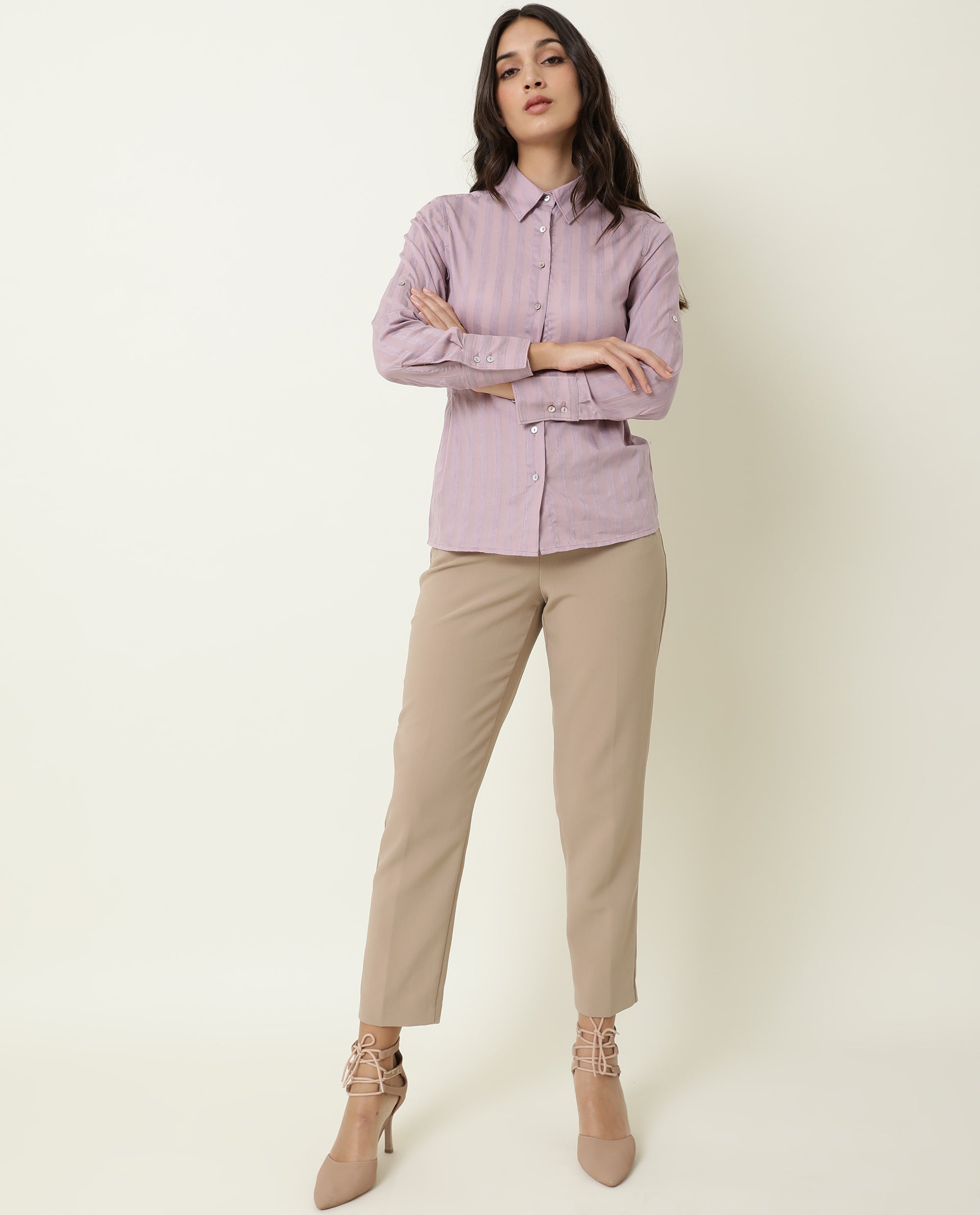 Rareism Women Pickle Pink Cotton Fabric Regular Fit Shirt Collar Full Sleeves Striped Top