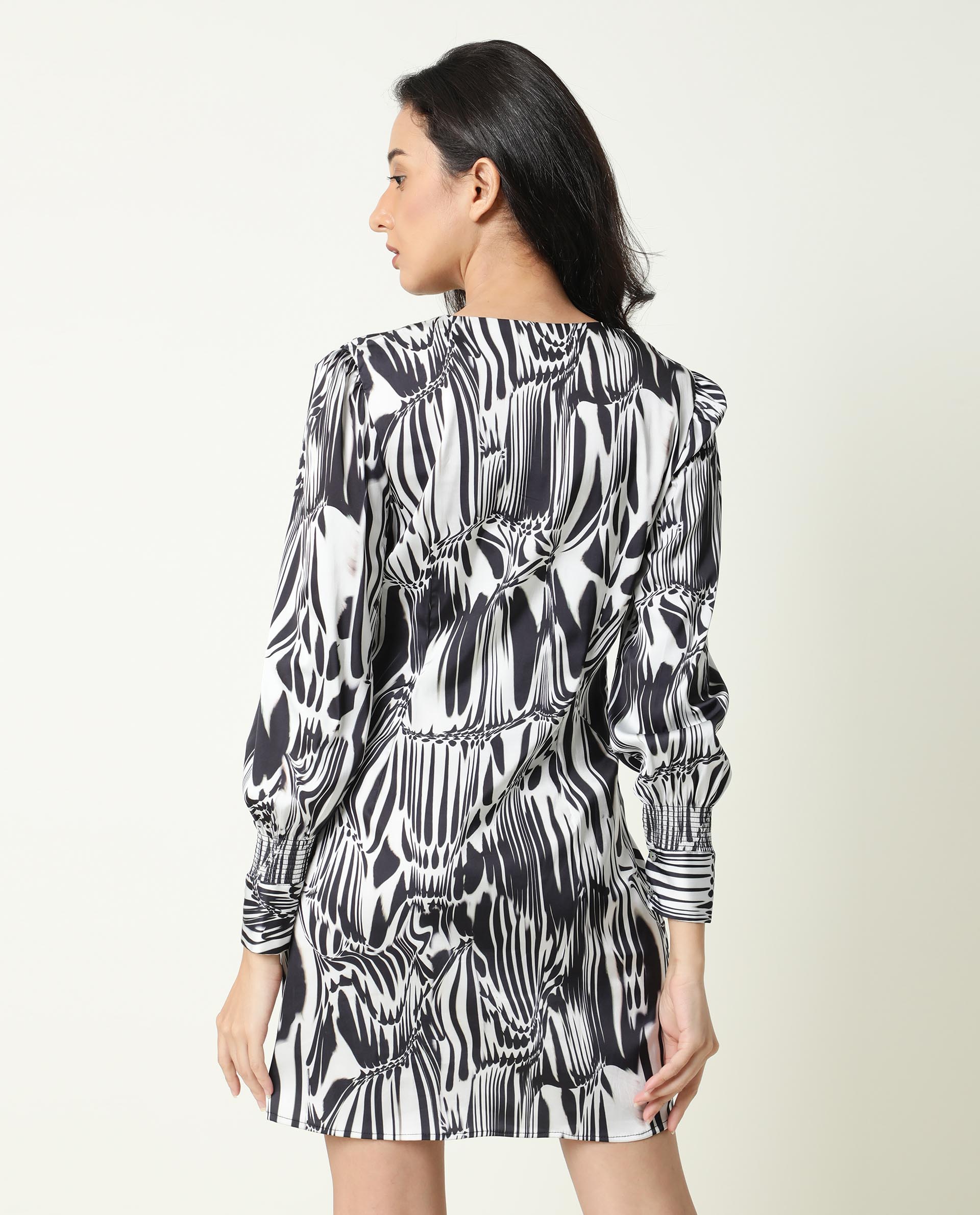 Rareism Women Fold Black Abstract Print Band Collar 3/4 Sleeves With Cuff Mini Dress