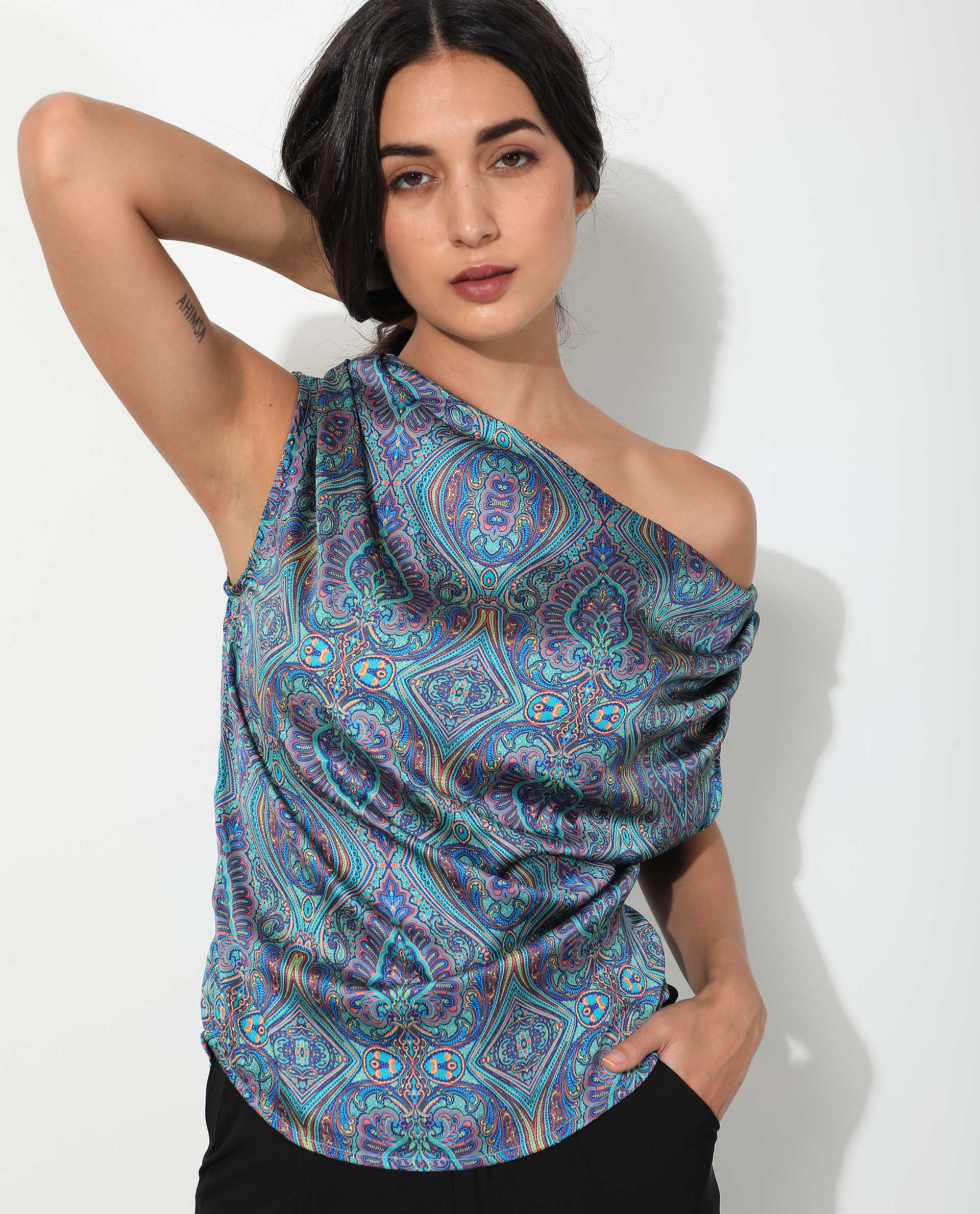 Rareism Women Sydney Blue Polyester Fabric Regular Fit Tube Neck Off Shoulder Abstract Print Top