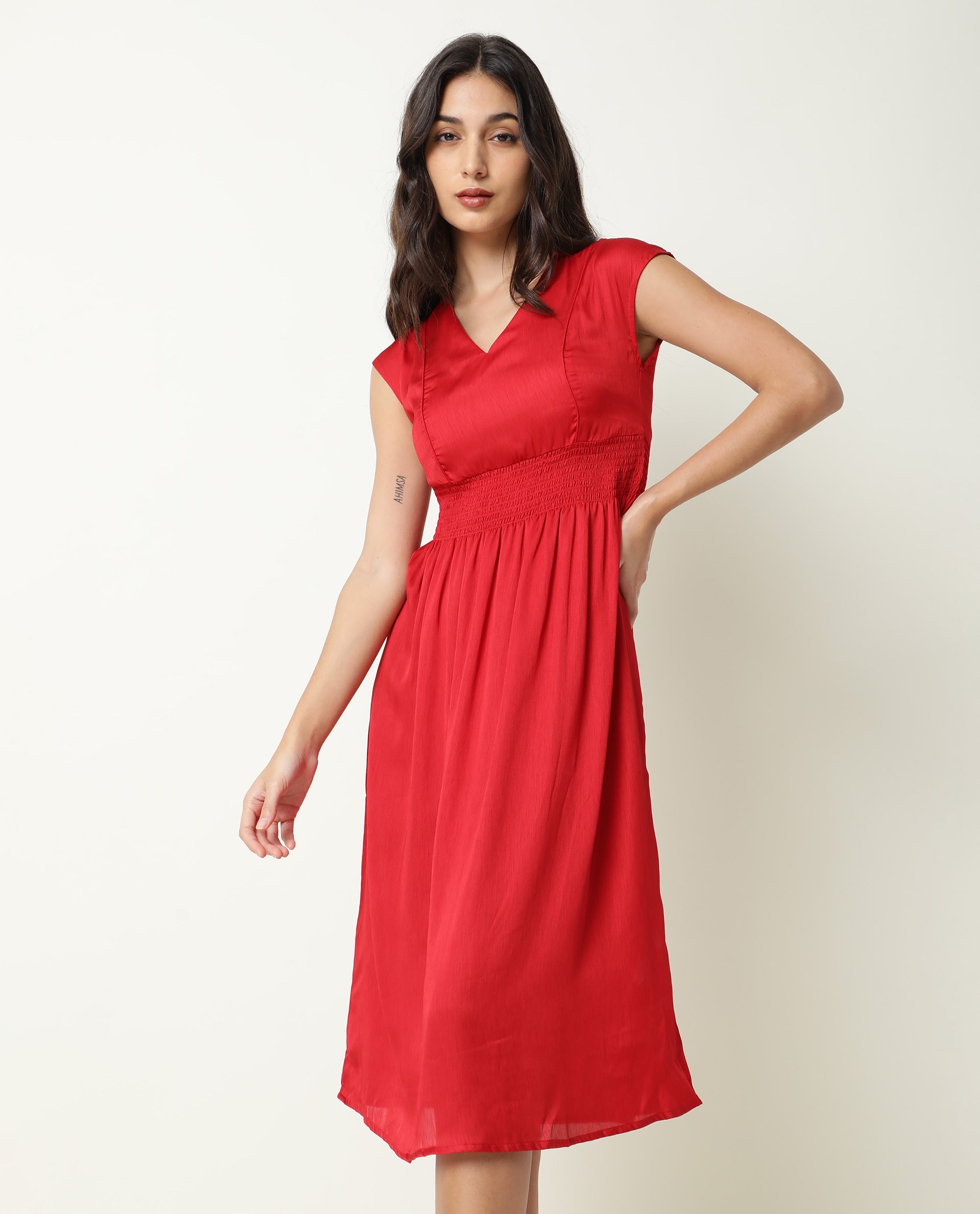 Rareism Women Milux Red V Neck Calf Sleeves Smocking Waist Knee Length Dress