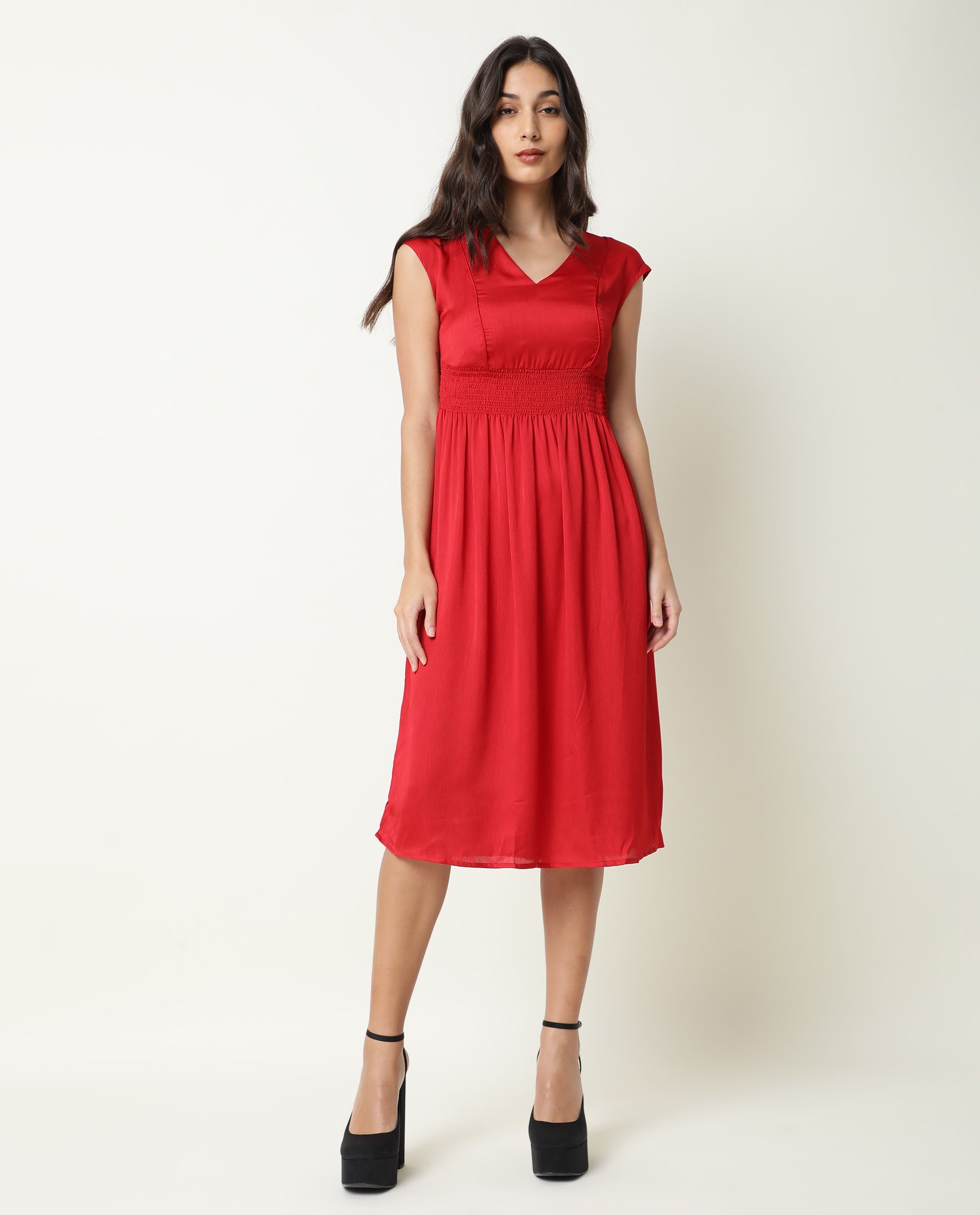 Rareism Women Milux Red V Neck Calf Sleeves Smocking Waist Knee Length Dress